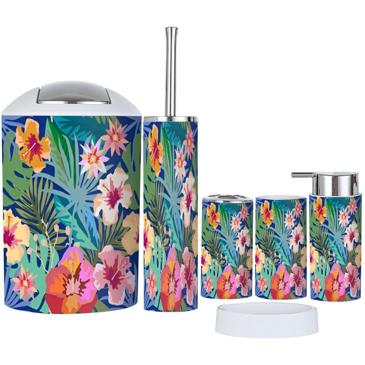 Bathroom Accessory Set 6 Piece Bright Seamless Pattern Palm Leaves Exotic Flowers Flourish Print Toothbrush Holder, Toothbrush Cup, Soap Dispenser, Soap Dish, Toilet Brush Holder, Trash can