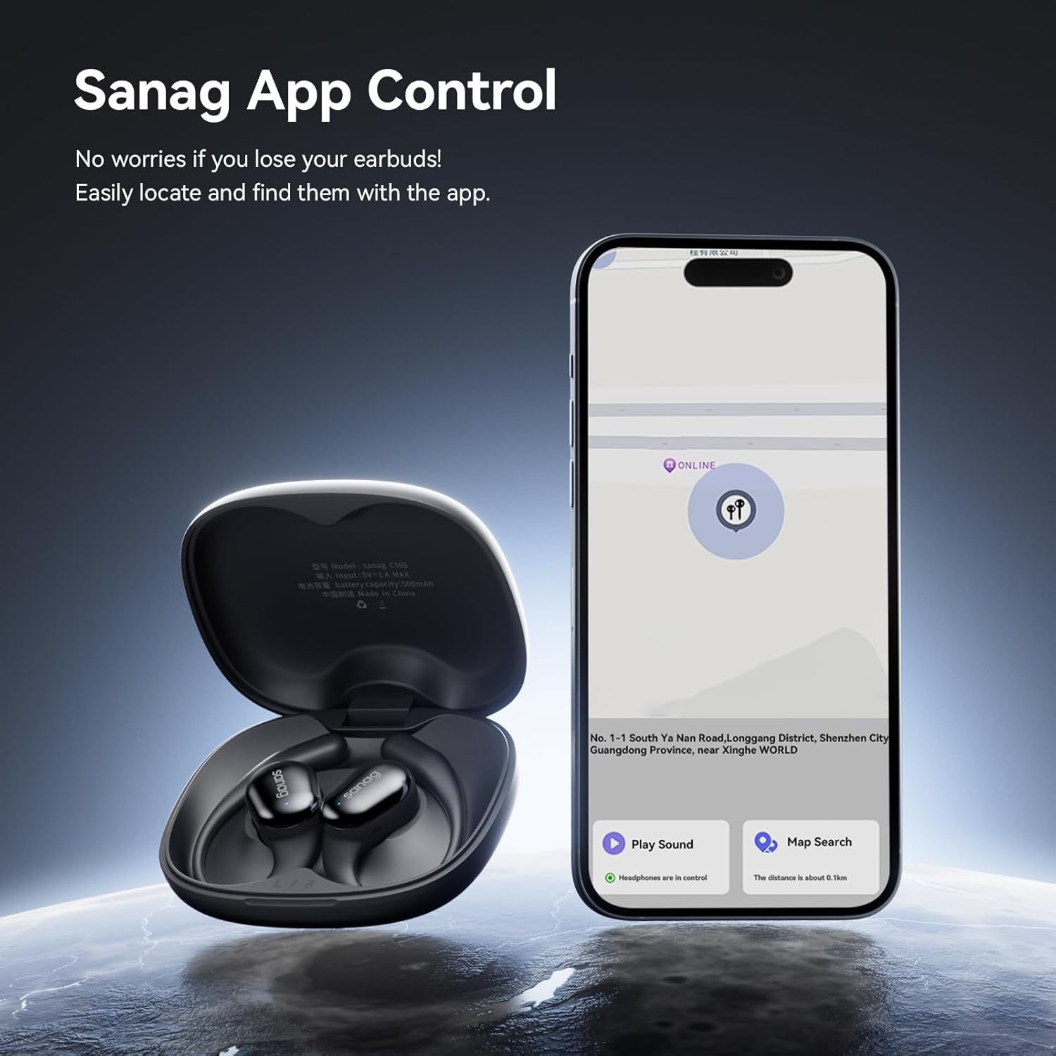 Sanag C16S earbuds and phone screen showing Sanag App