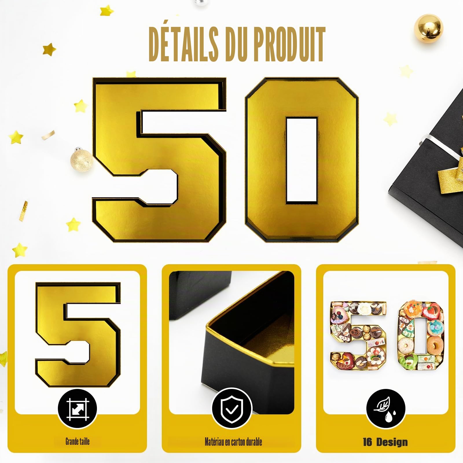 WERNNSAI Lot de 50 chiffres en carton pour charcuterie – Boîte à charcuterie pour 50e anniversaire – Plateau à remplir – Plateau alimentaire en papier mâché pour 50e anniversaire