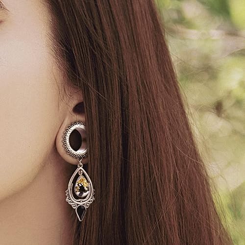 Vista 5 de TBOSEN - Expansores de oreja con aretes grandes en forma de lágrima de acero inoxidable con piedra negra de obsidiana para novia, con tornillos