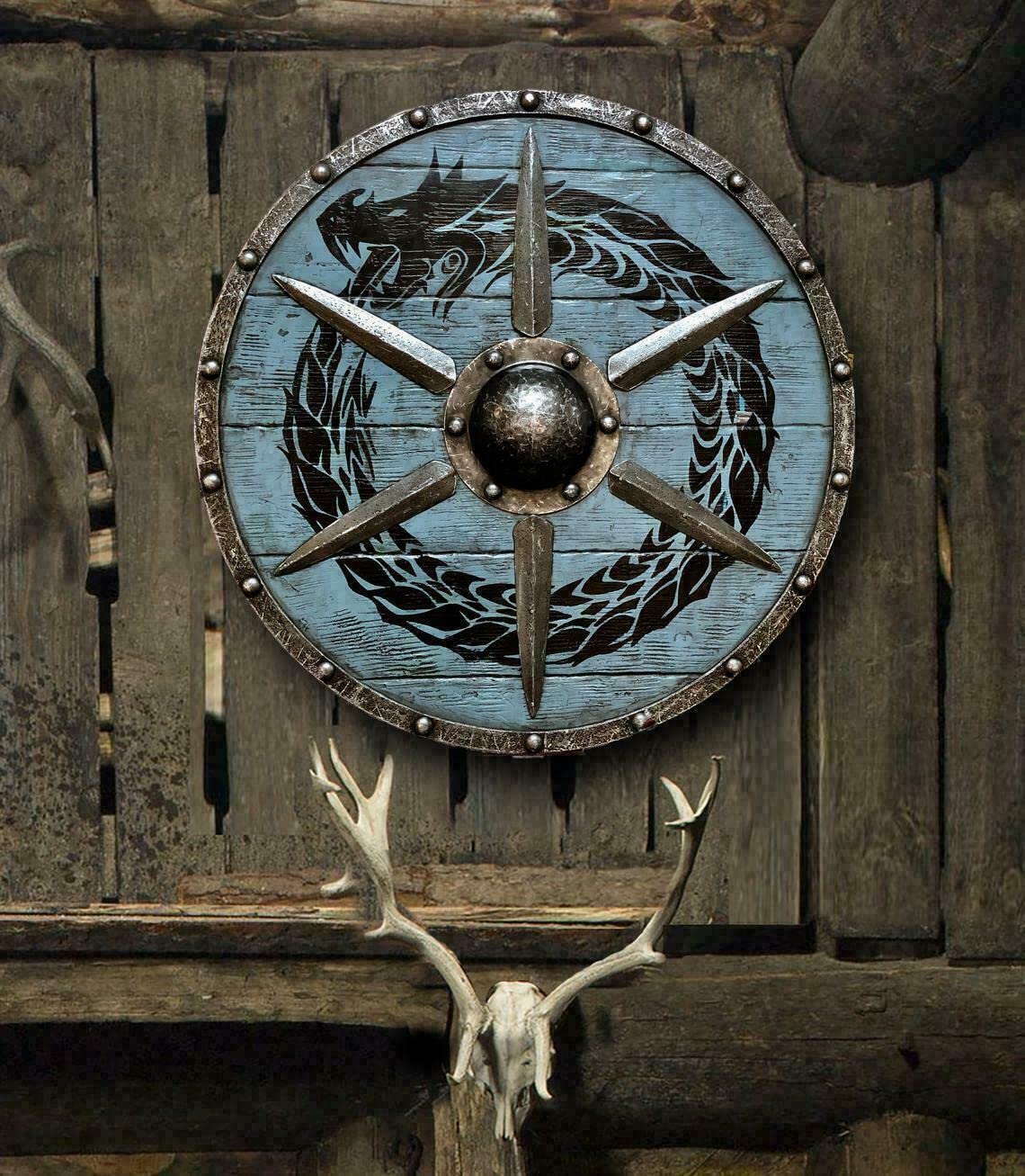Bouclier viking médiéval Ouroboros Battleworn 61 cm acier bois bleu ciel Medium