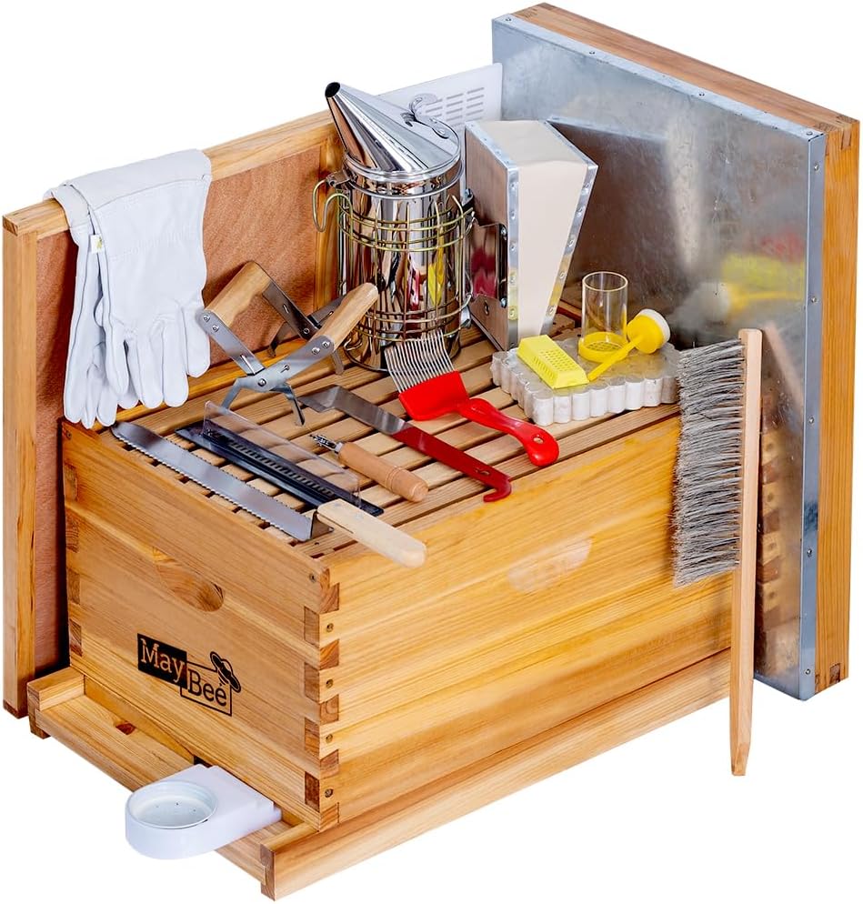 MayBee 8-Frame Beehive Starter Kit, Bee Hive Kit Dipped in 100% Beeswax, Bee Hives Boxes Starter Kit Includes Beekeeping Supplies Tool Kit 8Frame Hive Kit
