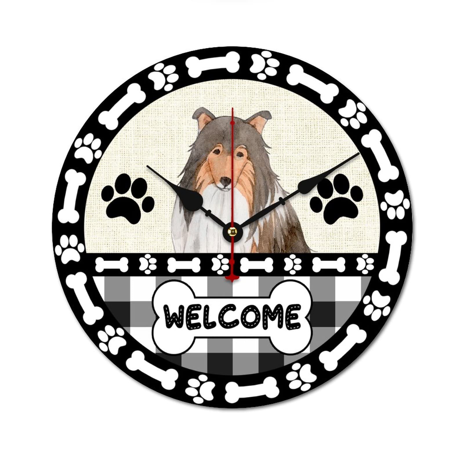Sheltie Collie, Welcome Clock Silent Non Ticking Clocks Pet Lover Gift Decorative for Kitchen Home Bedroom 12"x12"