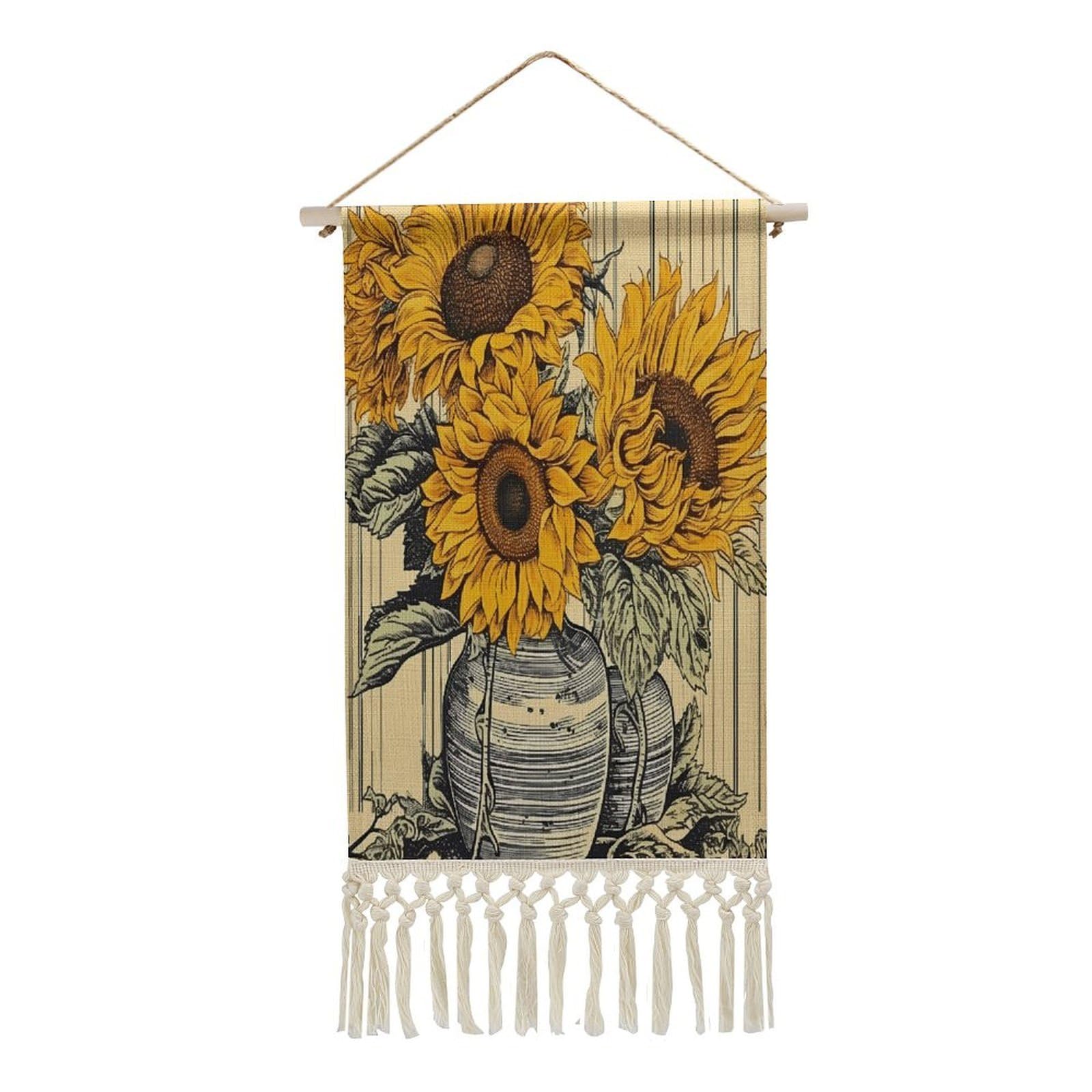 Adfgyerh Style Sunflower Pattern Tapestry With Tassels Cotton And Linen Hanging Posters, Wall Art For Travel Gift, Wall Tapestry For Office Home Decor Bedroom Living Room Decor
