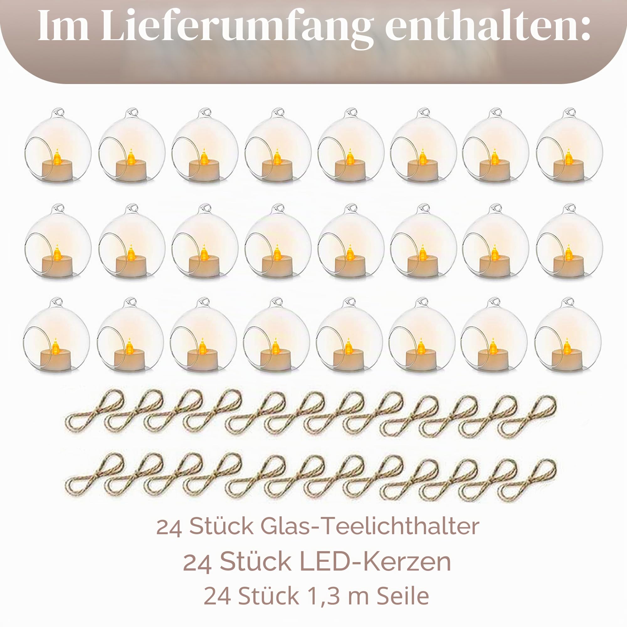 Sziqiqi 8cm Hängende Teelichthalter Glas: Glaskugeln zum Aufhängen 24er Set | mit LED, Transparente, Befüllbare Kerzenhalter, für Teelichter, für Hochzeit, Tischblumenständer, Weihnachten, Party, Garten