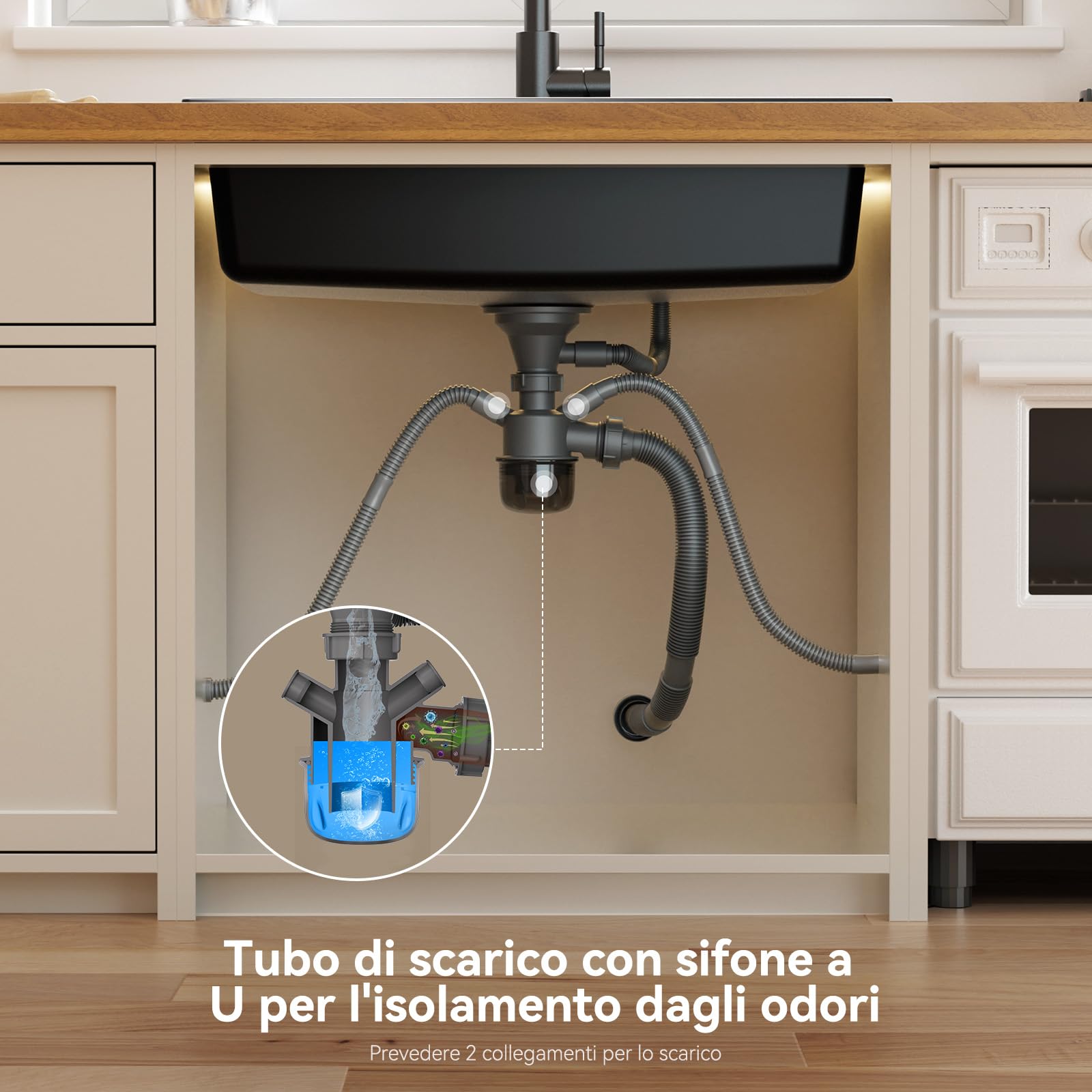ANYCEE Lavello Cucina Nero 70x46 cm, Lavandino Cucina 1 Vasca con Cestello di Scarico, Lavello Granito per Mobile da 70 cm, Lavandino Nero di 80% Sabbia Quarzo con Sifone e Scarico