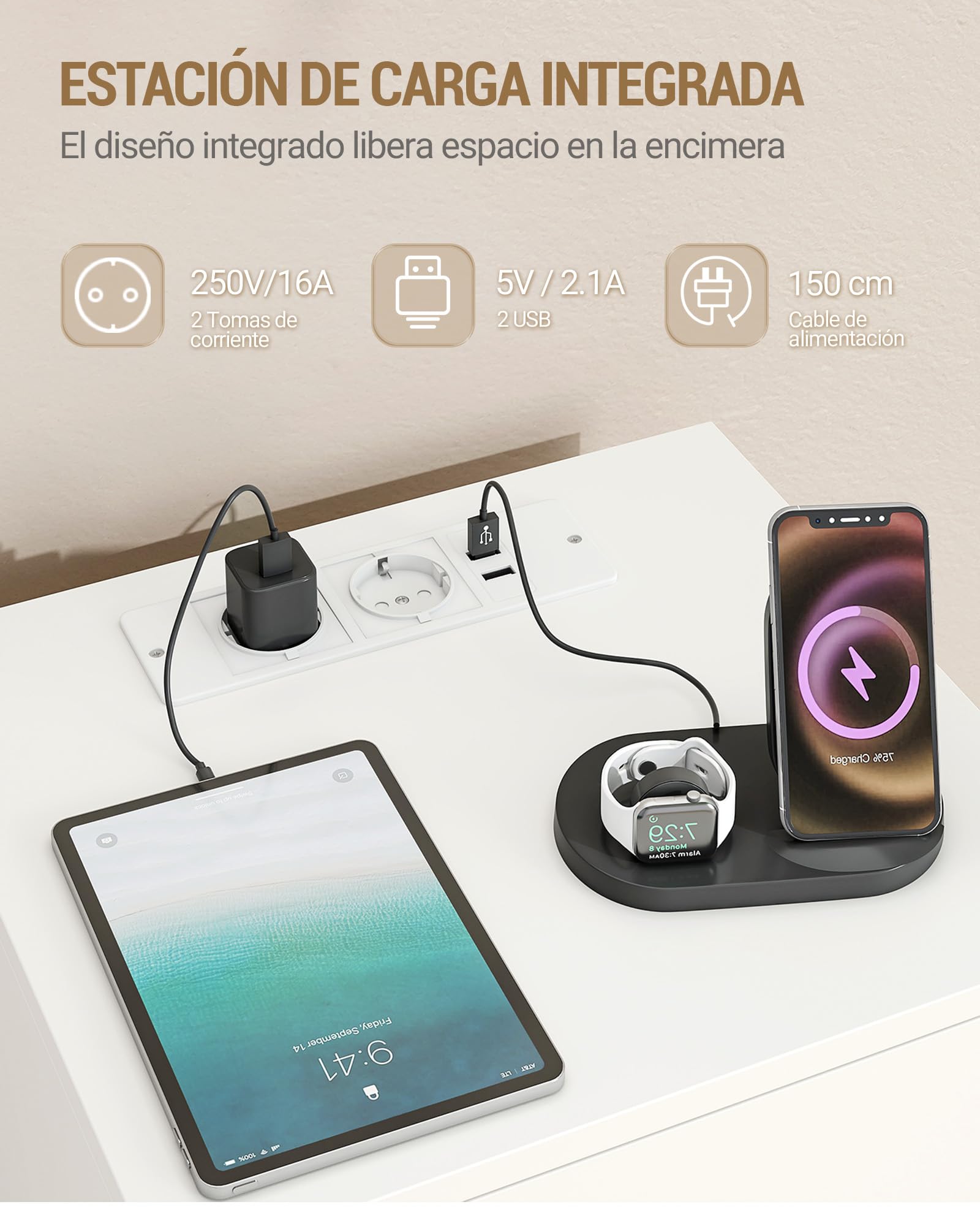 Hzuaneri Juego de 2 Mesilla de Noche, con 3 Cajones, Estación de Carga (2 Tomas AC, 2 Puertos USB), Estilo Minimalista Moderno, para Dormitorio, Salón, 35 x 40 x 65 cm, Blanco NS33403XEU