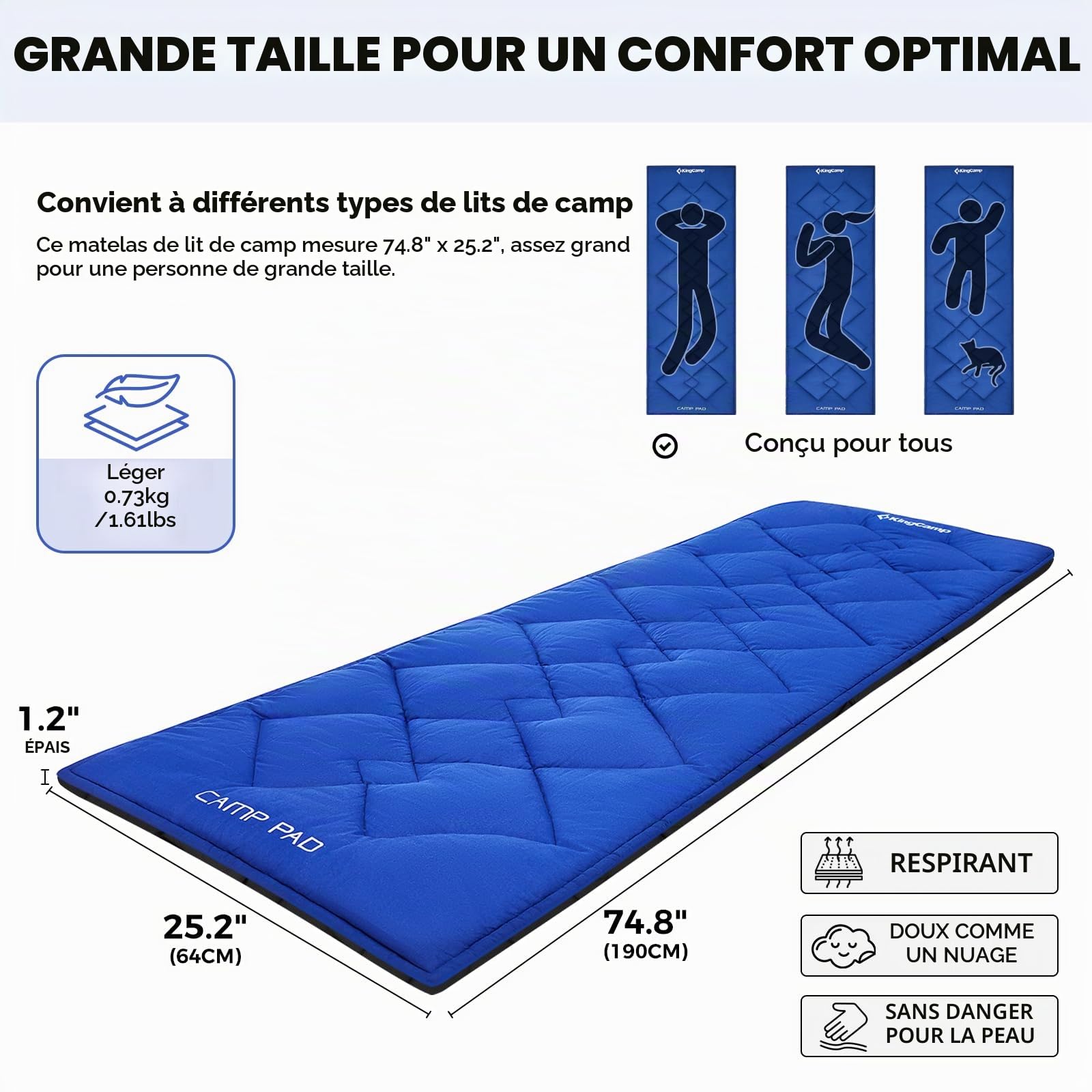 KingCamp Surmatelas en Coton - Super léger et Portable - Polyvalent - pour lit de Camping, Chaise Longue de Jardin, Chaise Longue - Peut également être utilisé comme Matelas de Couchage ou Couverture