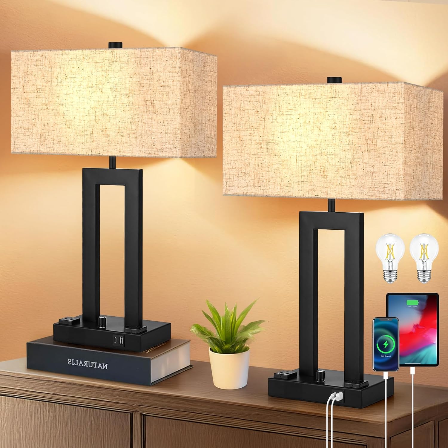 Modern Table Lamps Set of 2-22" Tall Bedside Lamps with USB-C/USB-A Charge Ports & Outlet, Stepless Dimmable Fabric Gray Shade Nightstand Lamps for Bedroom & Living Room