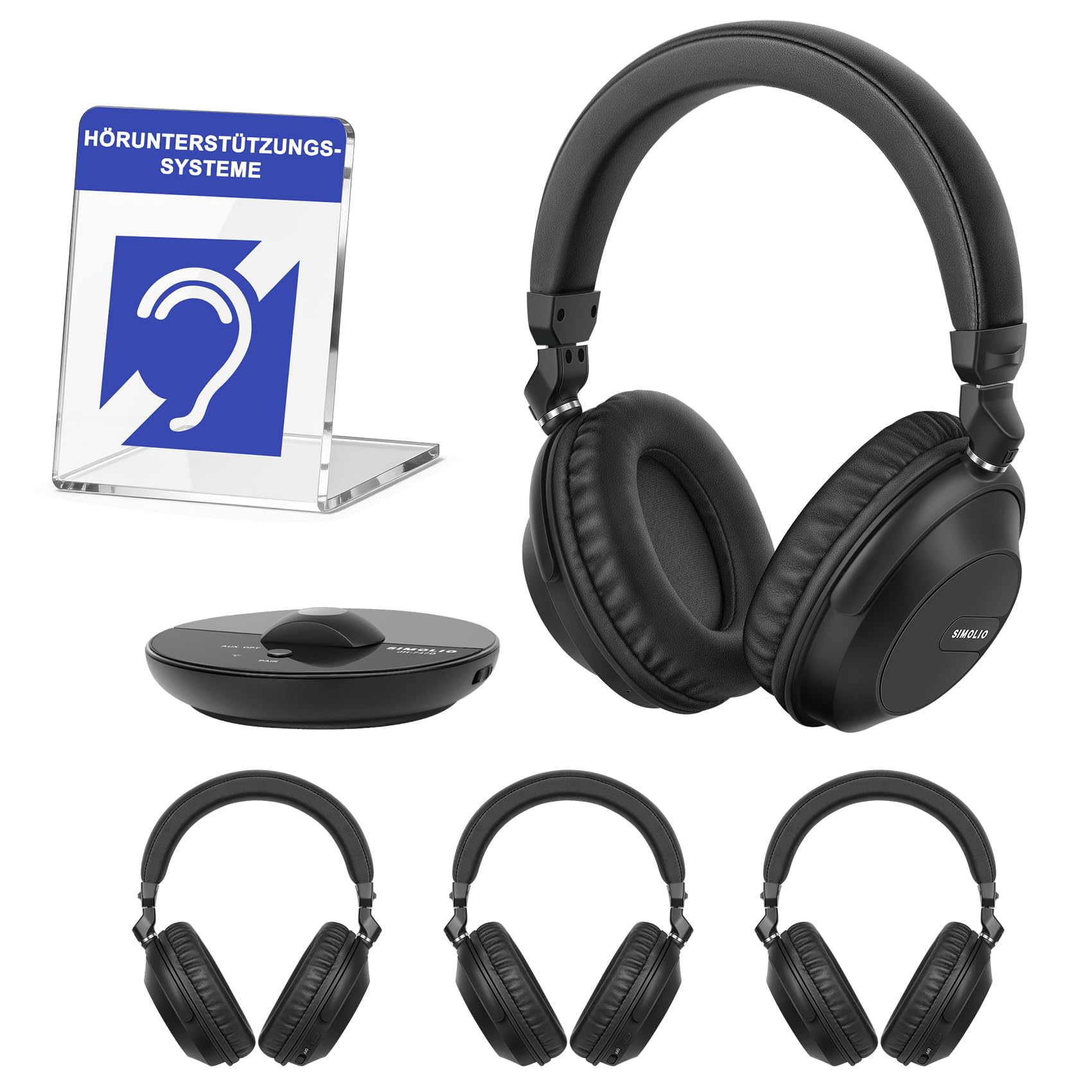 SIMOLIO Bluetooth TV Funkkopfhörer mit klarem & lautem Klang – Kabellose Kopfhörer & Sender für Gruppenhörer für Partys, Silent Discos, Kirchen, geringer Latenz TV – mehrere wiederaufladbare Headsets | 4 Kopfhörer mit Sender, geringe Latenz, leises Disco-