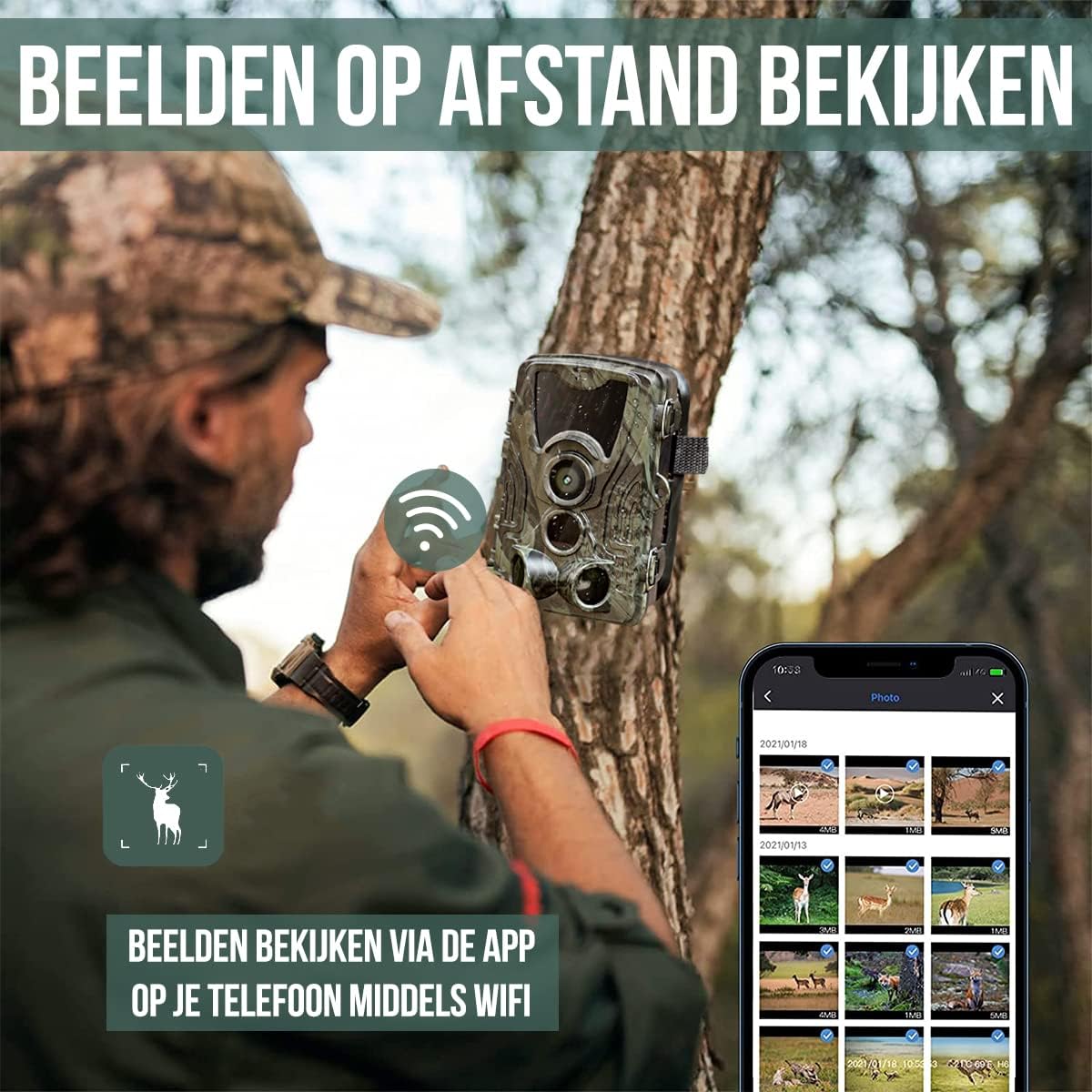 Man viewing trail camera images remotely on a smartphone via WiFi.