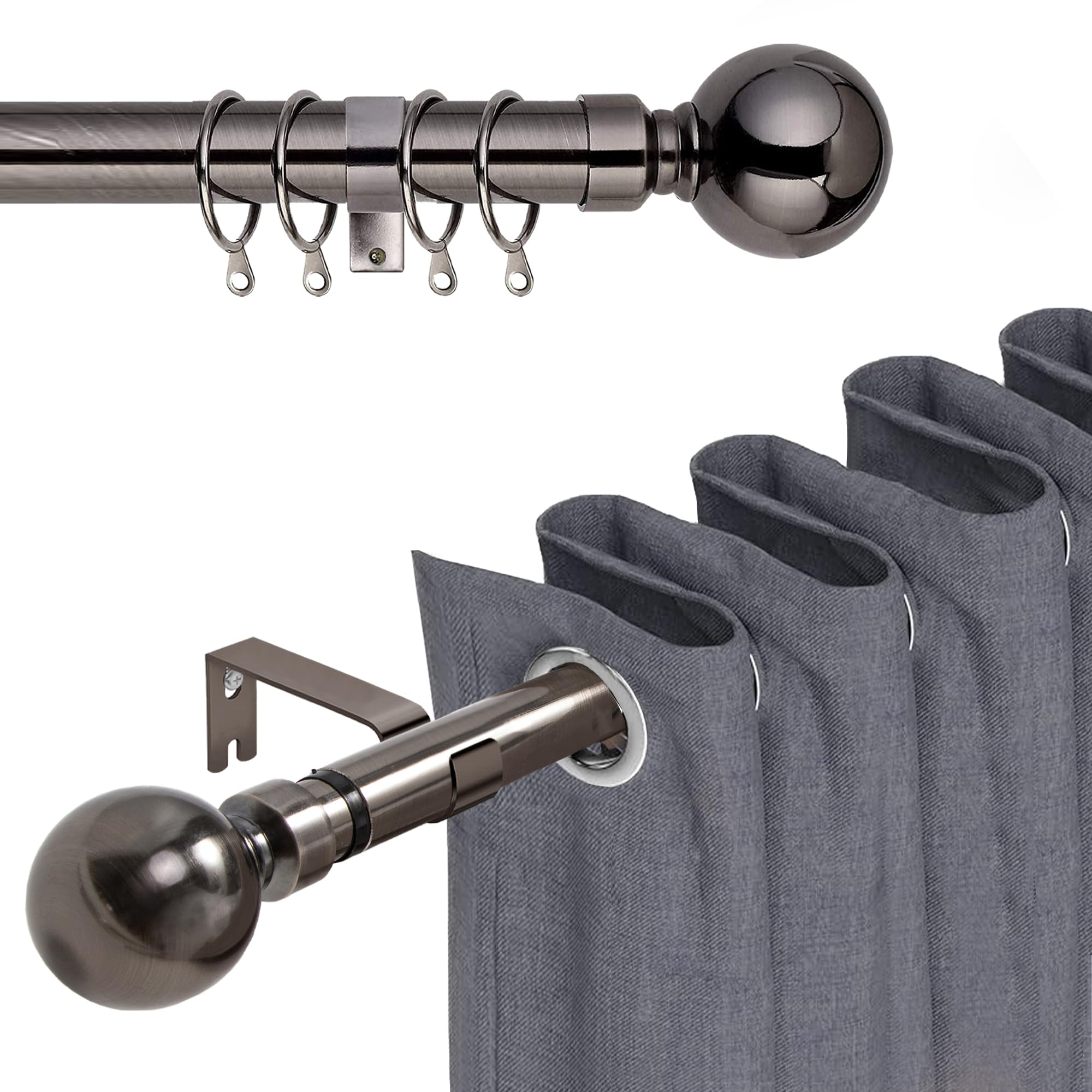 BedLooms Curtain Poles for Eyelet Curtains 70x120cm Extendable Black Nickel Curtain Pole - Includes Curtain Rod, Plain Metal Ball Finials, Hooks, Rings and Fittings