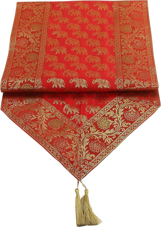 Image of Indian Traditional Decorative Silk Table Runner Kitchen Dining Good Luck Table Cloth for Wedding Bridal Birthday Party Decorations - 72 x 14 Inches (Read Small Elephant)