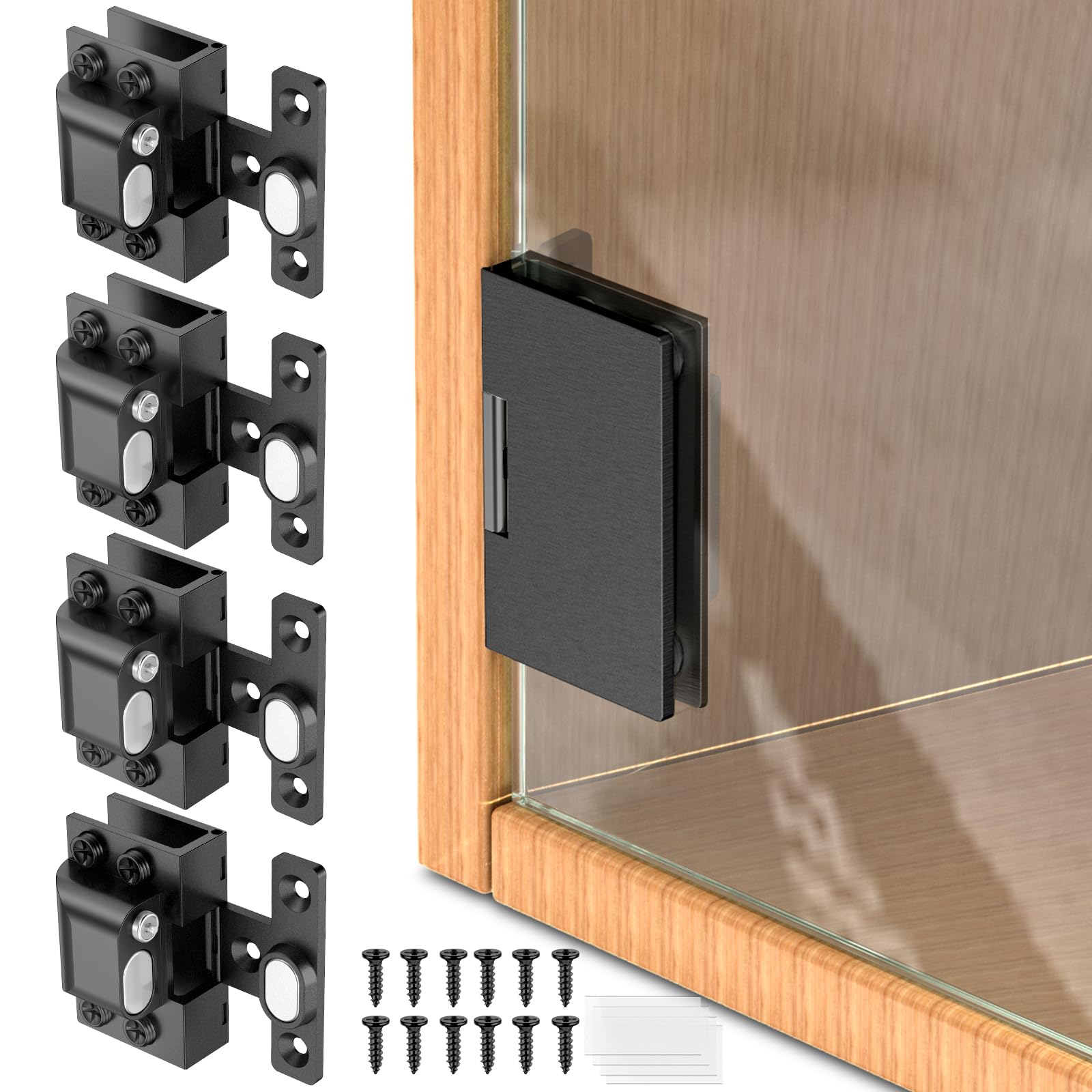 Glass Door Hinges,Soft Close Hinges for Glass Cabinet Doors，304 Stainless Steel，Silent Closing for Thickness 5-8MM Doors(Black,4 Pack)