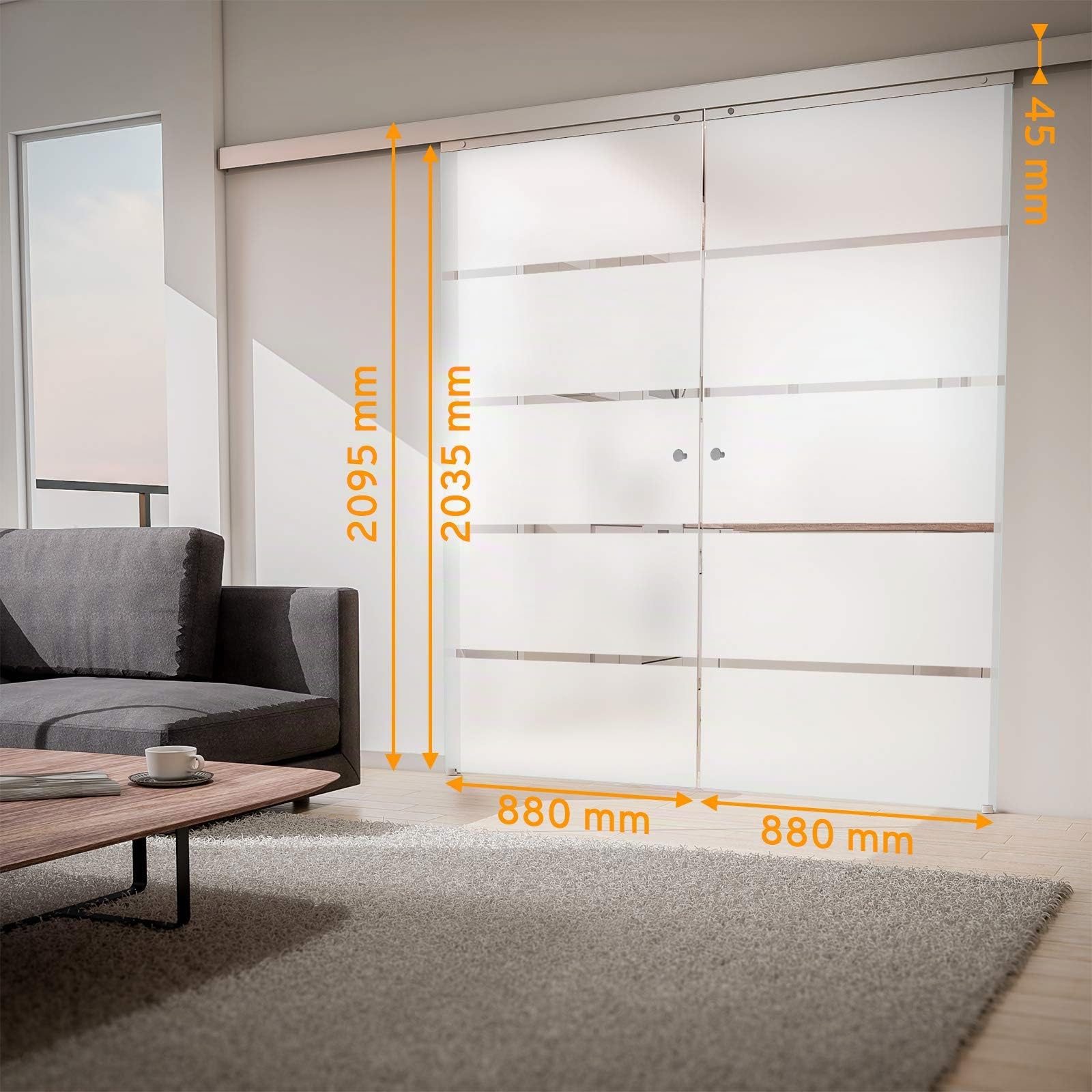 inova Doppel Glas-Schiebetür 2-Flügelig 1760 x 2035 mm blockstreifen Alu Komplettset mit Lauf-Schiene und Griffknopf