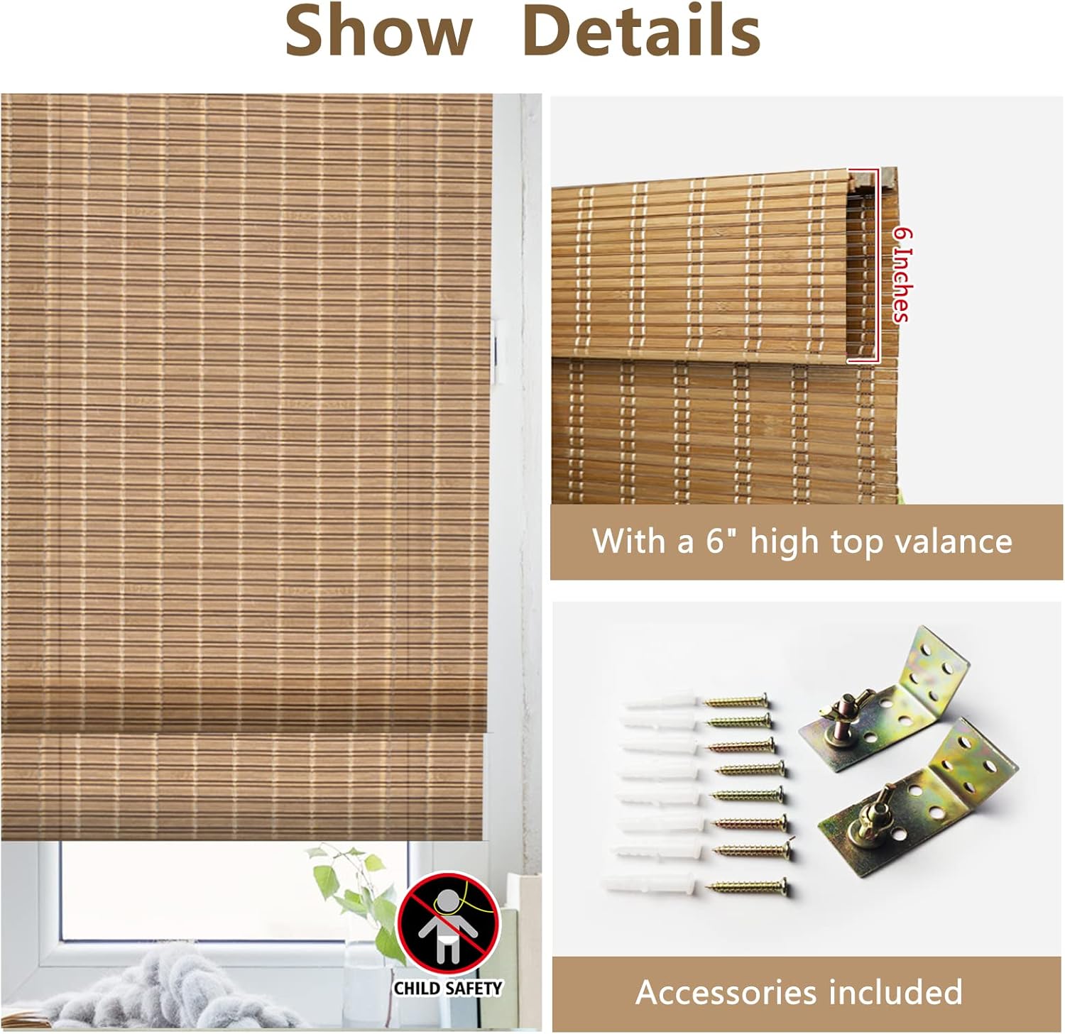 FACIMI Blackout Bamboo Roller Shades, Roll-Up Woven Roman Shades with 6" H Valance, Custom Light Filtering Bamboo Roller Blinds for Windows, Doors, Patio Door, Porch, Caramel