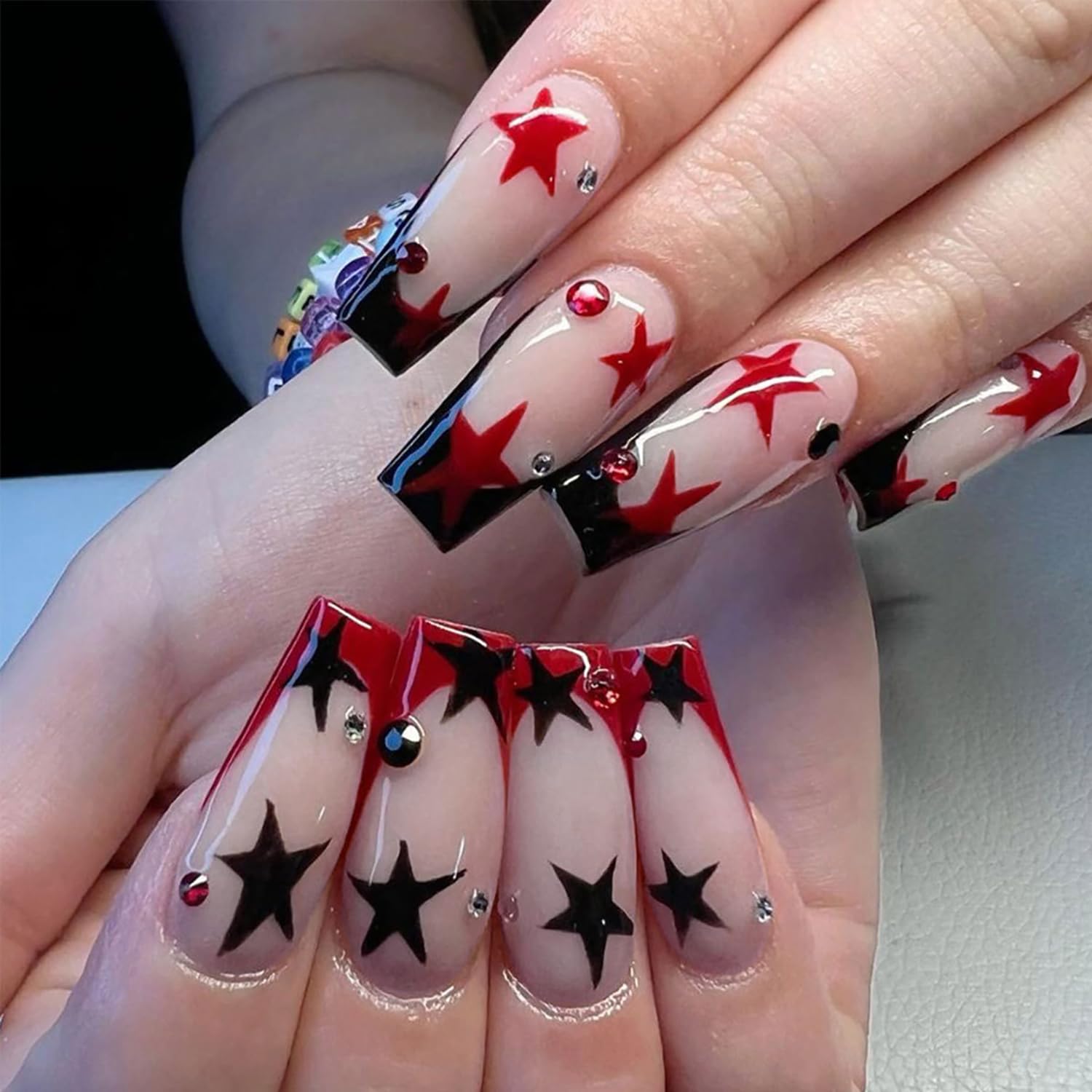 Press on Nails Medium Black Red Pentagram False Nails Black Red French Tip Fake Nails with Rhinestones Full Cover Acrylic Nails Artificial Coffin