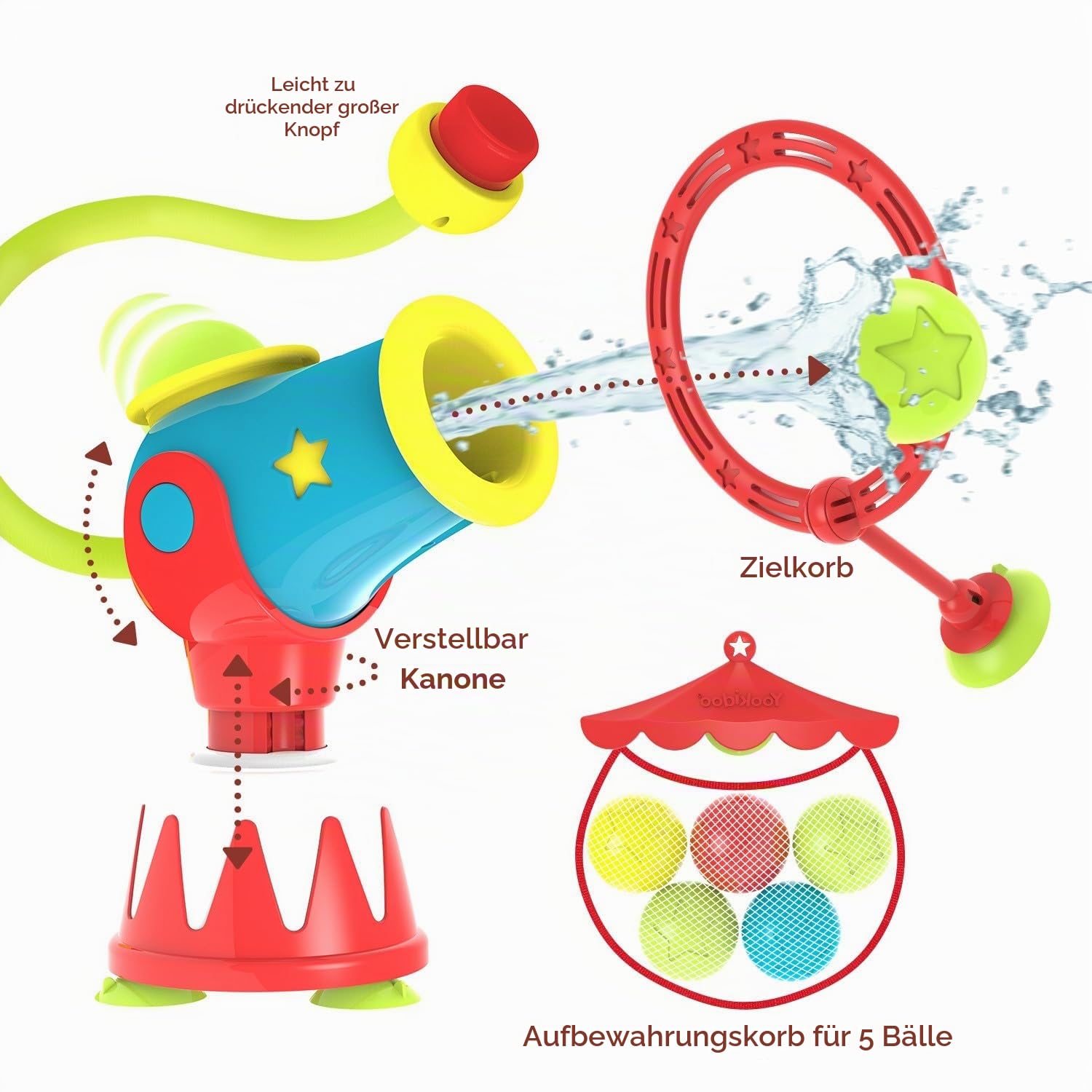 Yookidoo Kinder Badespielzeug – Wasserkanonen-Ball Blaster Spiel für die Badewanne mit 5 Bällen & Zielring – Handbetriebene Pumpe – für Kinder von 3–6 Jahren