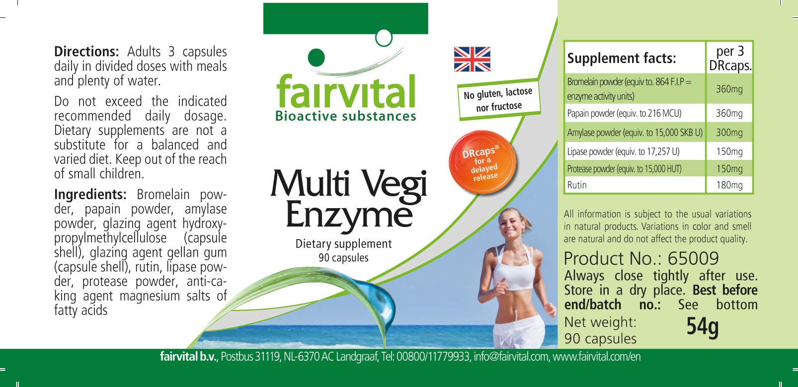 fairvital Multi Vegi Enzyme, 90 capsule, complesso enzimatico 100% vegetale con bromelina + papaina + amilasi + lipasi + lipasi + proteasi + rutina, a rilascio ritardato