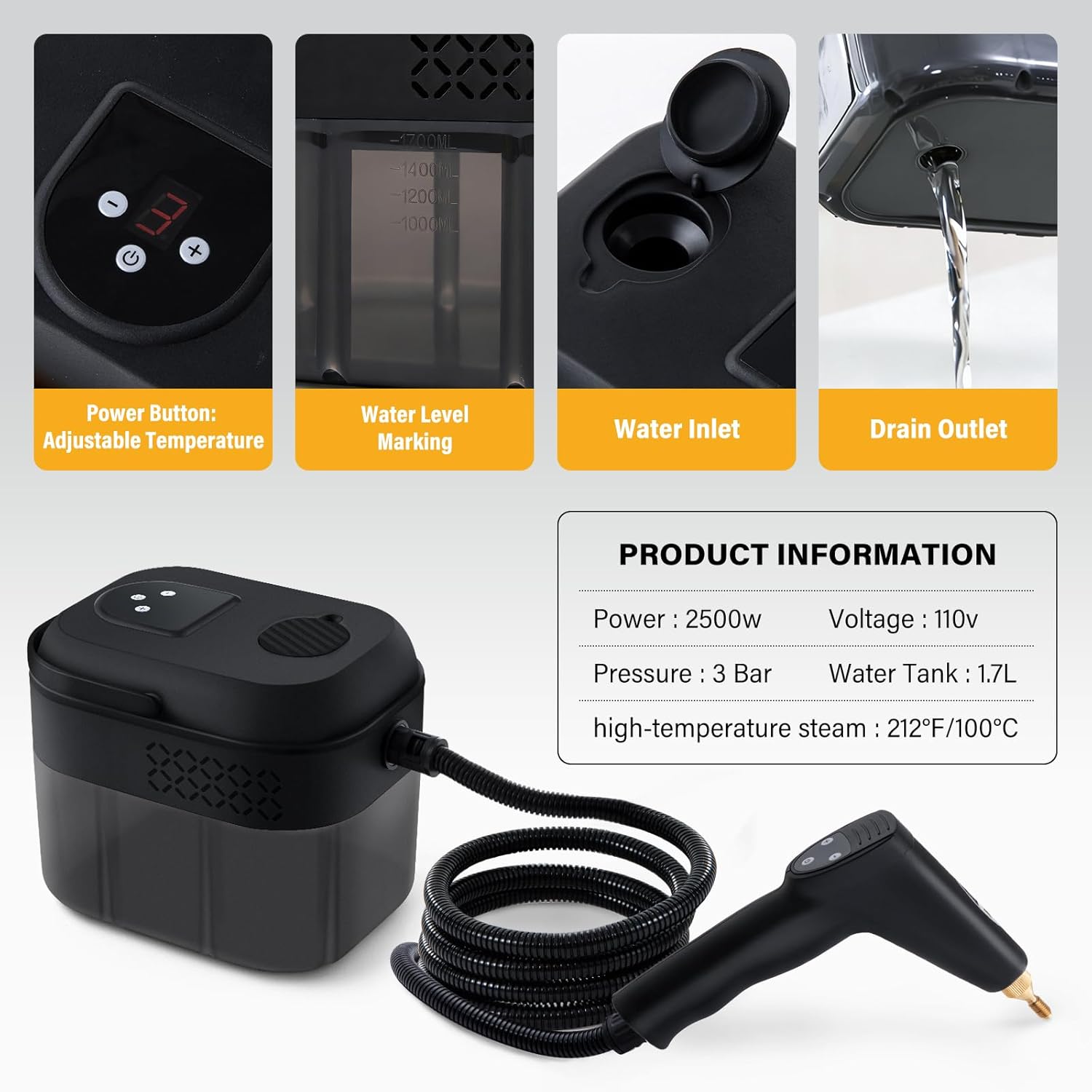 Lamberia Steam Cleaner with 16pcs Accessories, 2500W 1700ml 1.8 Quarts Tank, 6-Level Adjustable Portable Handheld Pressurized Steamer, 15s Heat-Up Steam Cleaner for Home, Car, Kitchen(Black, US Plug)