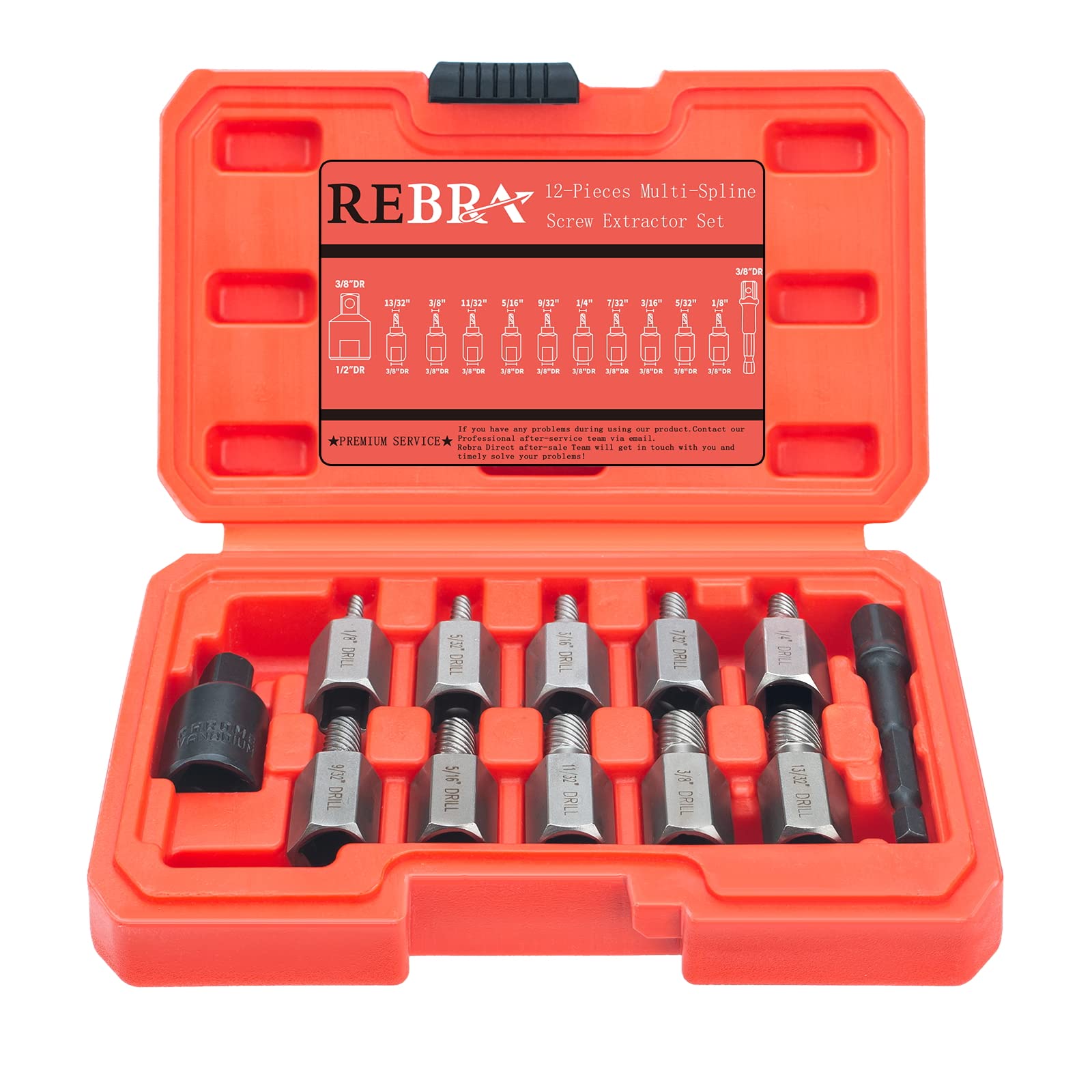 REBRA Double Head Screw Extractor Set, Easy Out Bolt Remover Kit, Hex Head Multi-Spline for Removing Stripped, Rounded, Damaged, Broken 12-Pieces