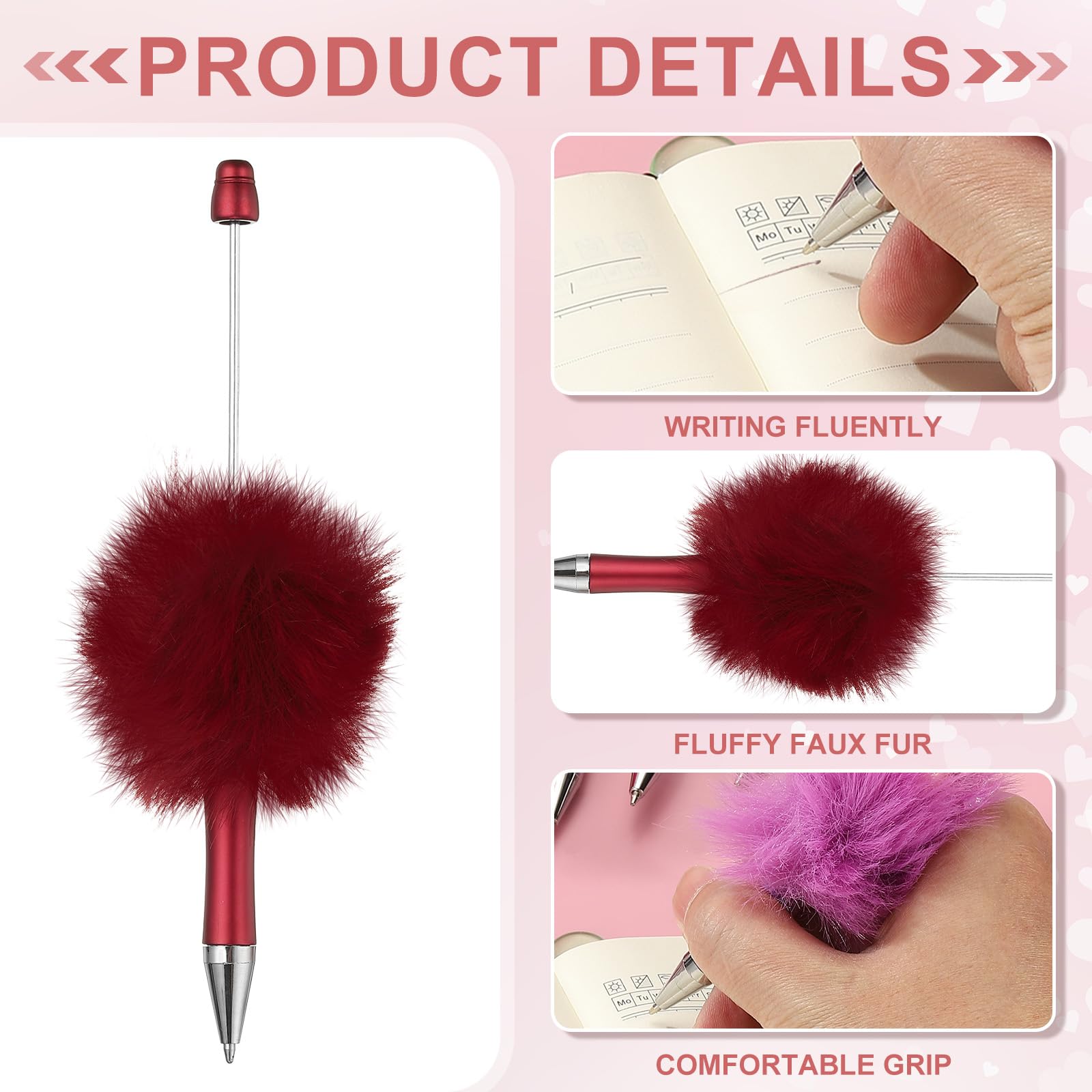 PATIKIL 5Pcs Fluffy Beadable Pens, Plush Fuzzy Plastic Bead Pen Bead Ballpoint for DIY Gift Writing Office Supplies Wine Red - Image 3