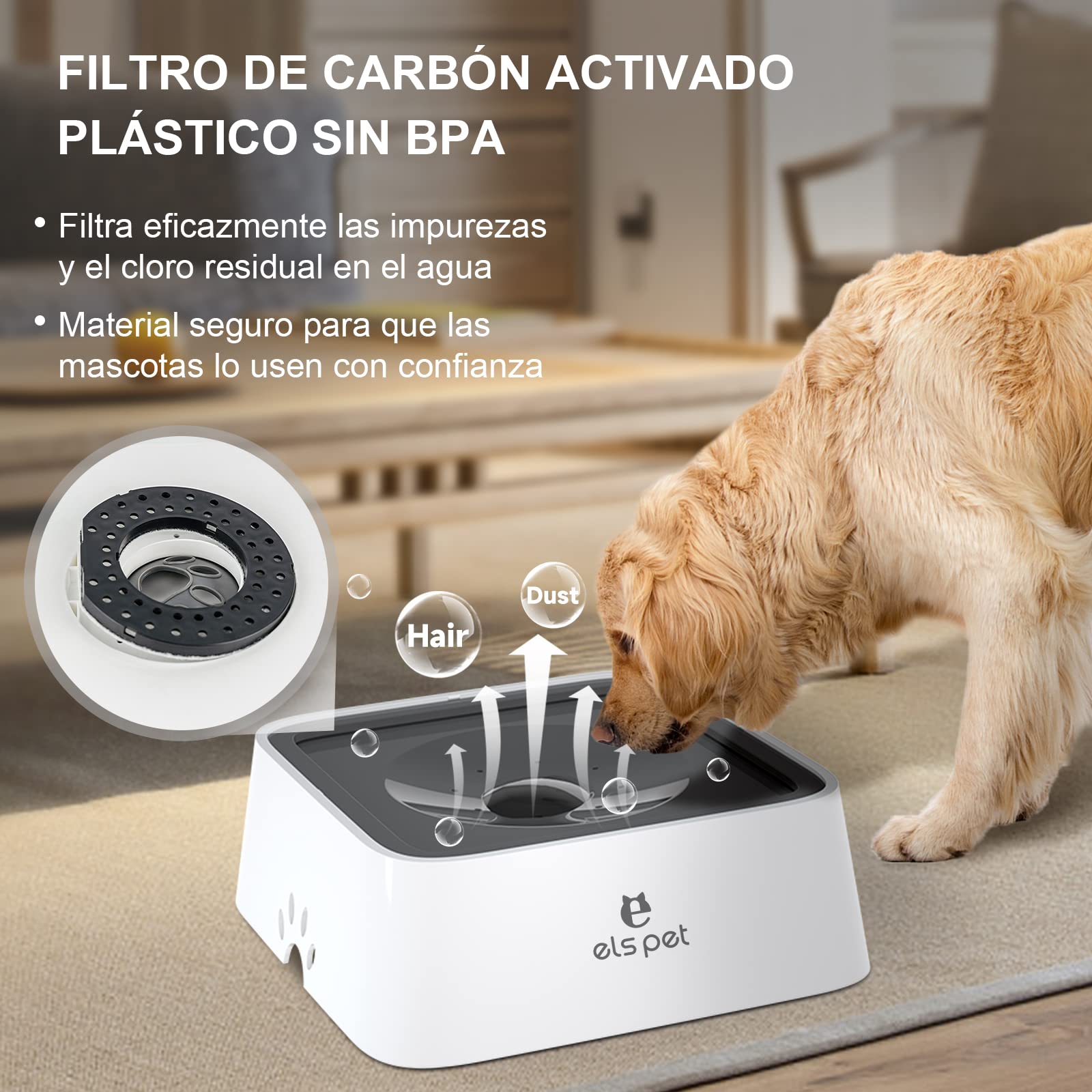 ELS PET Bebedero Antigoteo con Filtro,2L Cuenco Alimentación Lenta, Flotante para Perros y Gatos, Agua Flotante para Mascotas,Sin Derrames