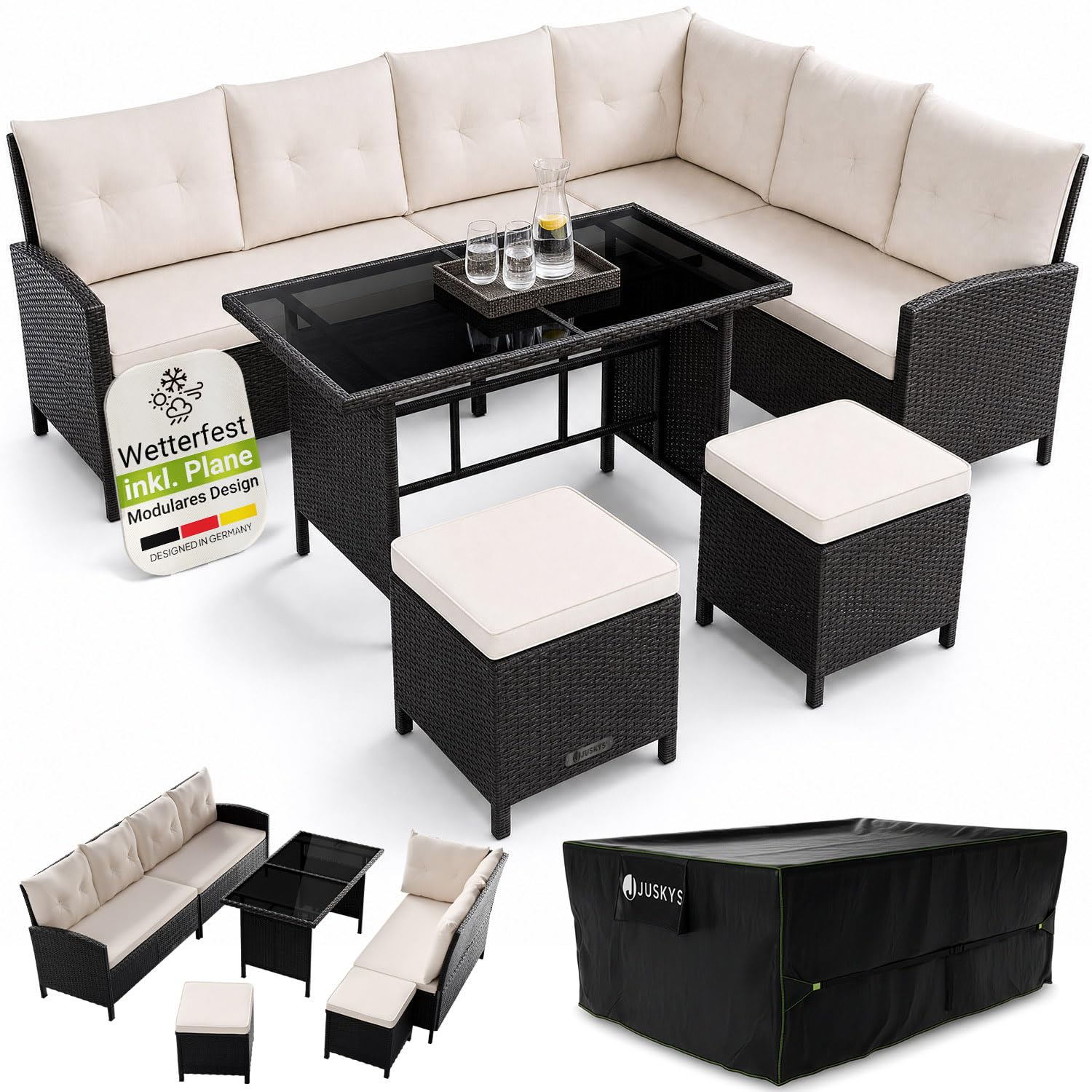 Juskys® Polyrattan Lounge Manacor mit Ecksofa, Esstisch, 2 Hocker & Kissen inkl. Abdeckung - wetterfest bis 7 Personen - Bezüge waschbar - Rattan Garten Sitzgruppe Gartenmöbel Set - Schwarz/Creme