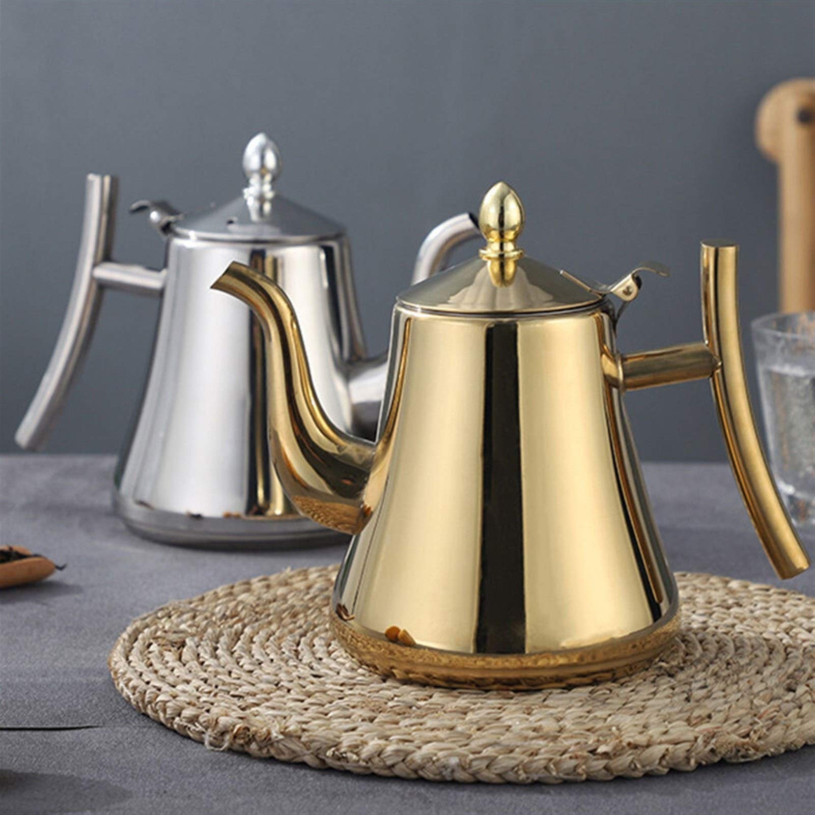 Théière en verre 1L / 1.5L eau en acier inoxydable bouilloire Thicker Avec filtre Hôtel Théière Cafetière Cuisinière Bouilloire Or Argent Restaurant, Café, Home (Color : 1L gold