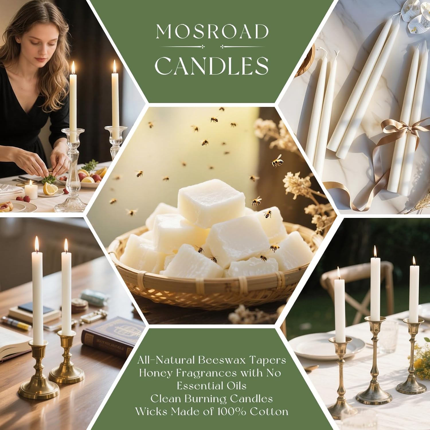 16 Packs Beeswax Taper Candles White, 9 Inch Long Beeswax Candle Sticks - 10 Hour Burn Time - Smokeless & Dripless Natural Taper Candles for Table Decor, Unscented Bee Wax Tapered Candle