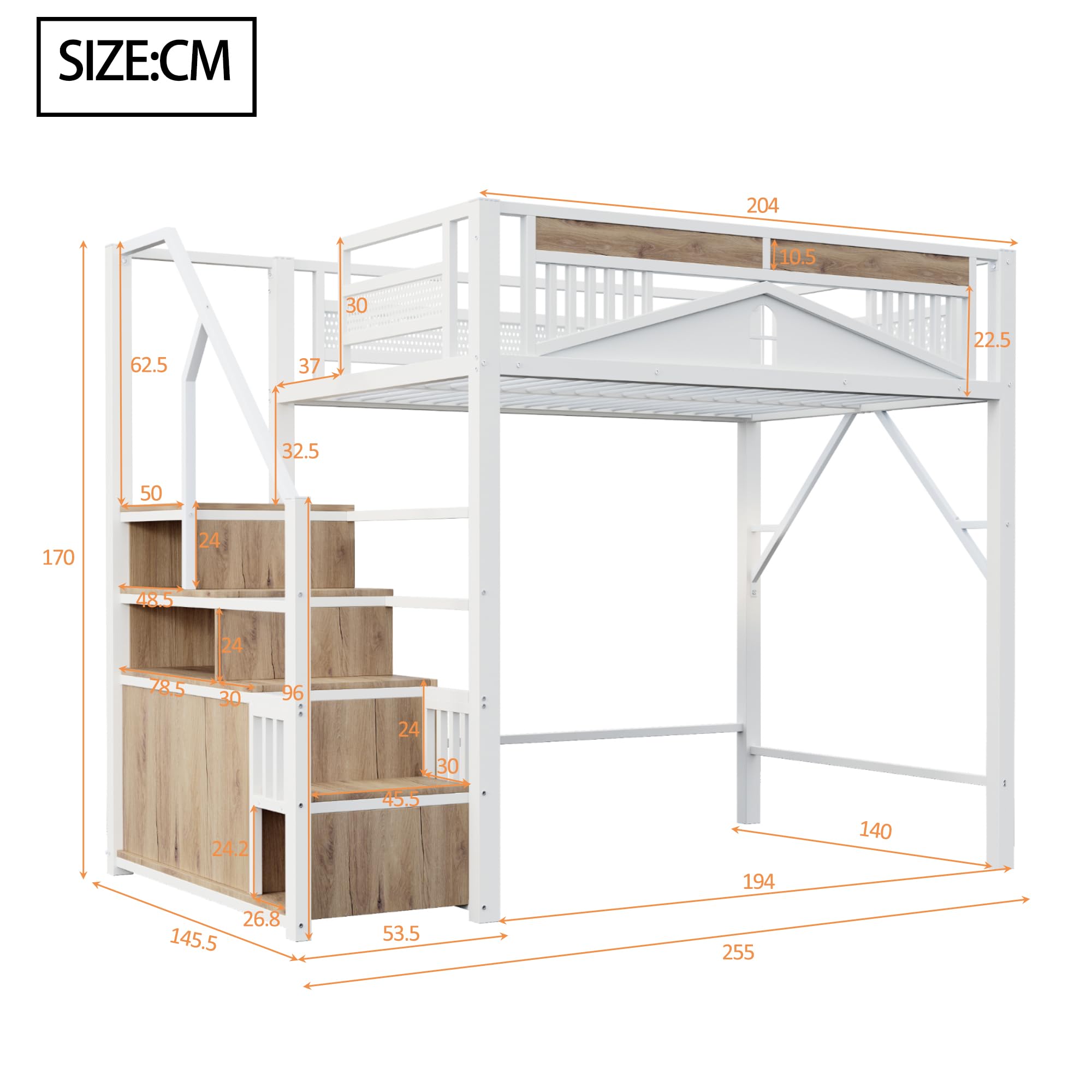 Łóżko piętrowe 140 x 200 cm, metalowe łóżko z oknem i drabinką do przechowywania – łóżko dziecięce, młodzieżowe, z balustradą bezpieczeństwa i szafką, białe, w zestawie ze stelażem – nie