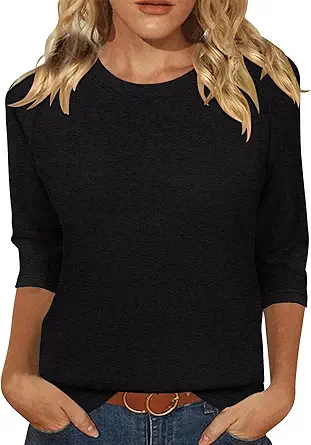 KISSMODA Tunic Tops for Women Loose Fit Dressy Round Neck Pleated 3/4 Length Sleeve Spring Tops