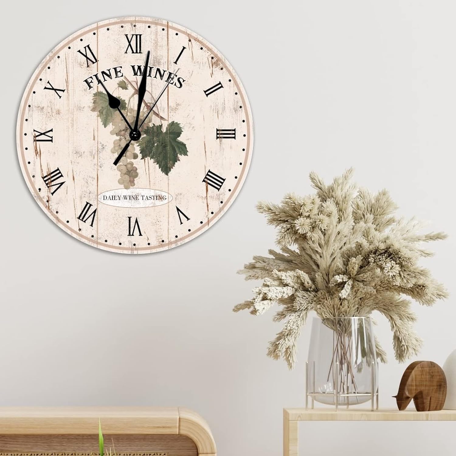 Wine Grapes Wooden Decorative Wall Clock Grape Daily Wine Tasting Wall Clocks Silent Non-Ticking Wall Clock 12Inch Round Wall Clock Rustic for Kitchen Dinning Room Birthday Housewarming Gift