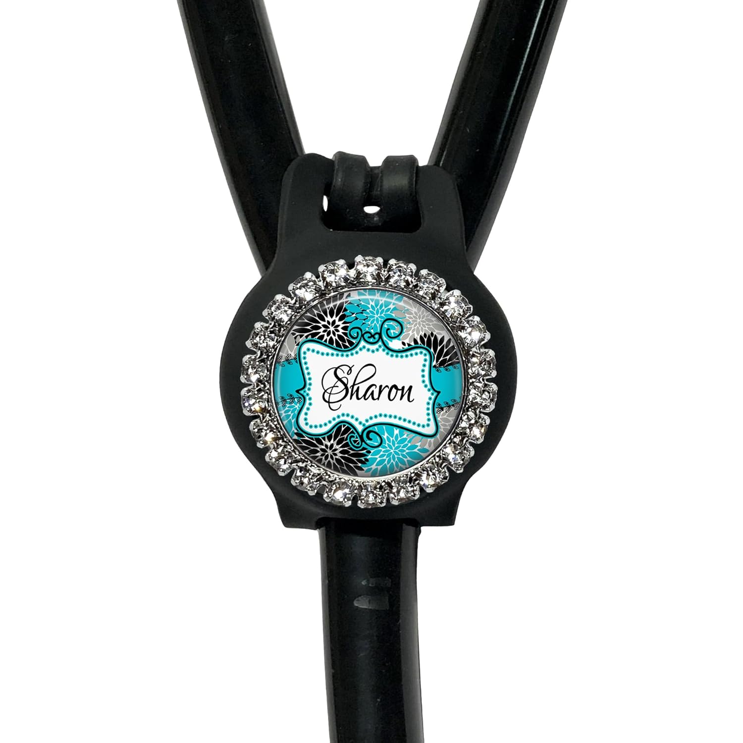Floral Stethoscope Air Tag Compatible Location Tracker Holder Personalized Name (10 Colors) - Discreet and Secure - Hospital Nurse, Doctor Gift (1 inch Bling Glass)