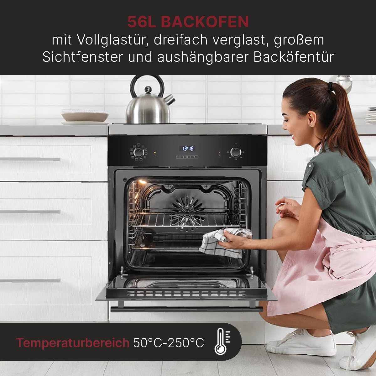 Bomann Einbaubackofen mit Grill, Heißluft & Ober-/Unterhitze | Backofen 56L | Ofen mit 50°C - 250°C Bereich & Touch Control | Oven mit 9 Backofen-Funktionen & aushängbarer Tür | EBO 7911 schwarz