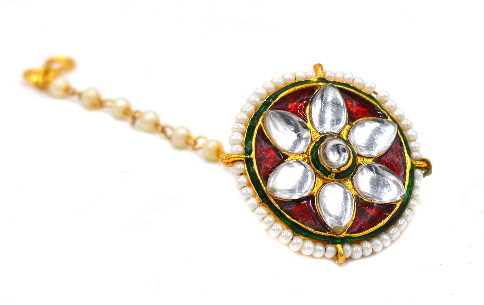 Rajwadi Maroon Meenakari and Kundan Work Pearl Studded, Gold Plated Borla Maang Tikka for Women & Girls-image-30