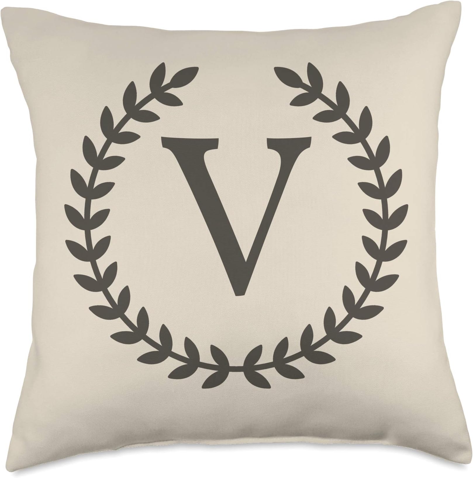 Letter V Monogram Laurel Wreath Rustic Initial Throw Pillow