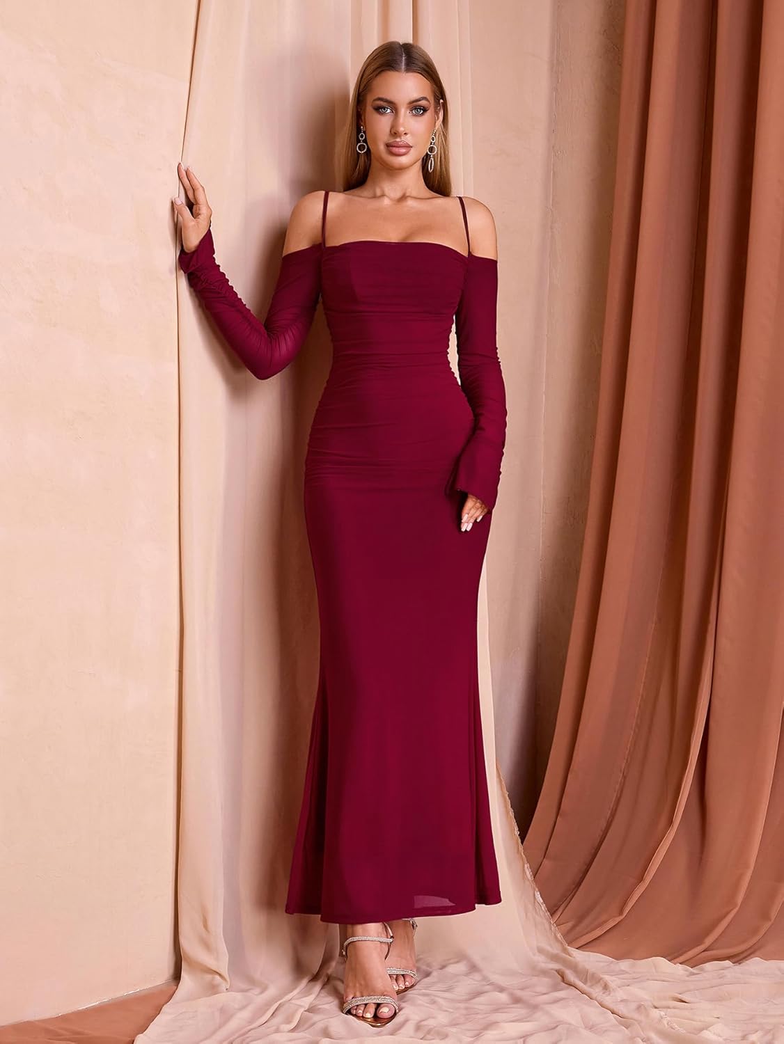 EYNMIN Women's Fall Wedding Guest Dresses Long Sleeve Spaghetti Strap Mesh Ruched Bodycon Maxi Formal Dress - Image 3