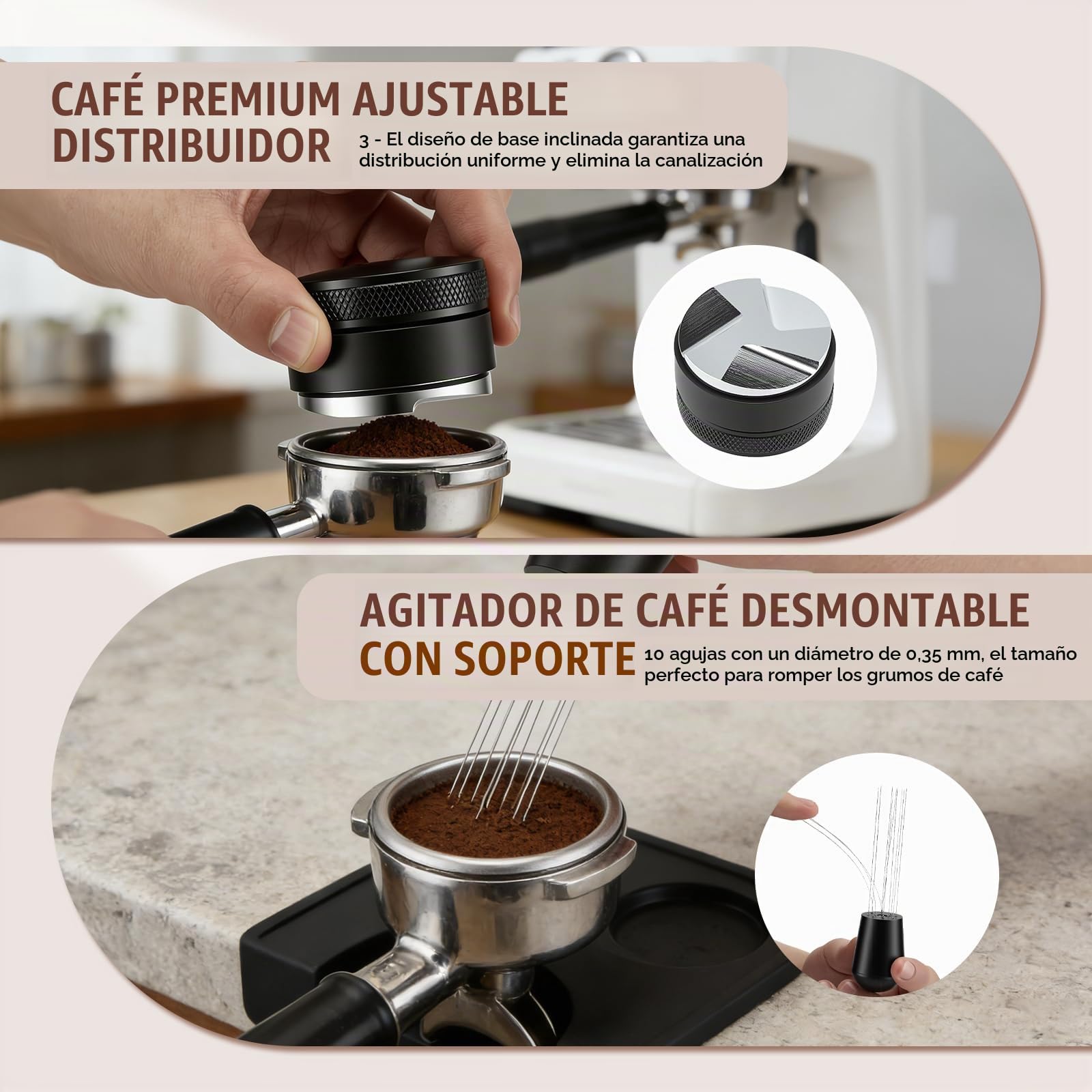 Set completo de 7 herramientas de espresso de 51 mm con estación de tamping, distribuidor, herramienta WDT, anillo dosificador, pantalla de tamizado, cuchara y cepillo de limpieza: accesorios