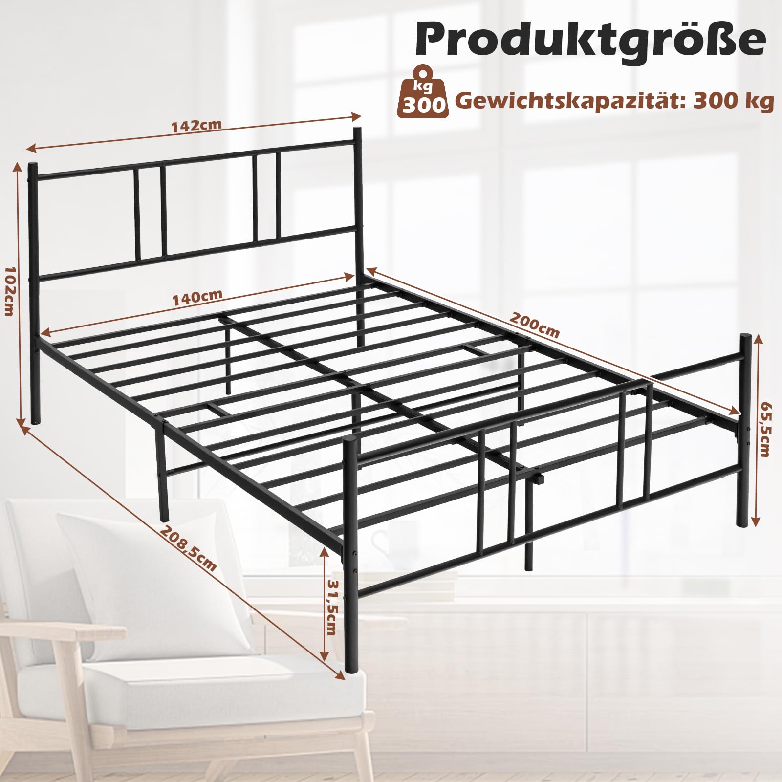 COSTWAY metalowe łóżko, rama łóżka na materac 200 x 140 cm, podwójny stelaż łóżka, łóżko z kratą, miejsce do przechowywania pod łóżkiem, łóżko gościnne na platformie metalowe
