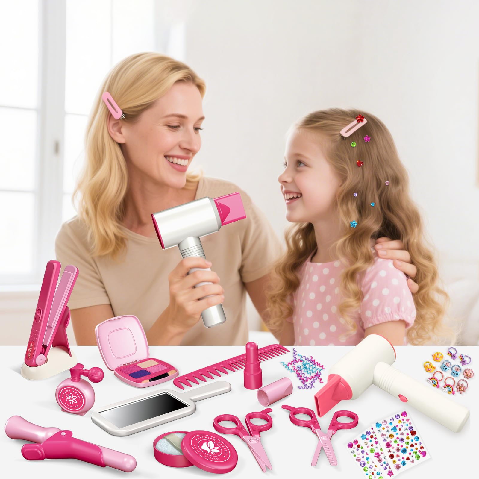 RedCrab Kit Coiffure Enfant Fille Jouet Salon de Beauté avec Sèche-Cheveux Fer à Friser Lisseur Peigne Miroir Accessoires pour Cheveux, Jeux de Rôle Cadeau pour Enfants Filles 3 4 5 6 7 8 Ans