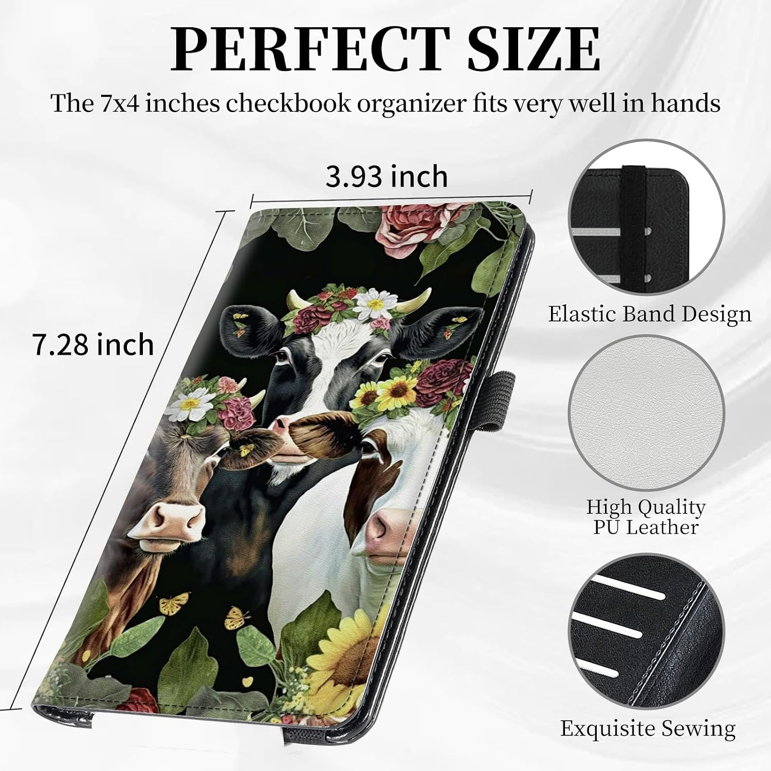 Check Book Cover for Personal Checkbook Cows Flower Pattern Design PU Leather Checkbook Cover for Men Women with Card Slots & Pen Holder and Elastic Strap for Duplicate Checks image 2