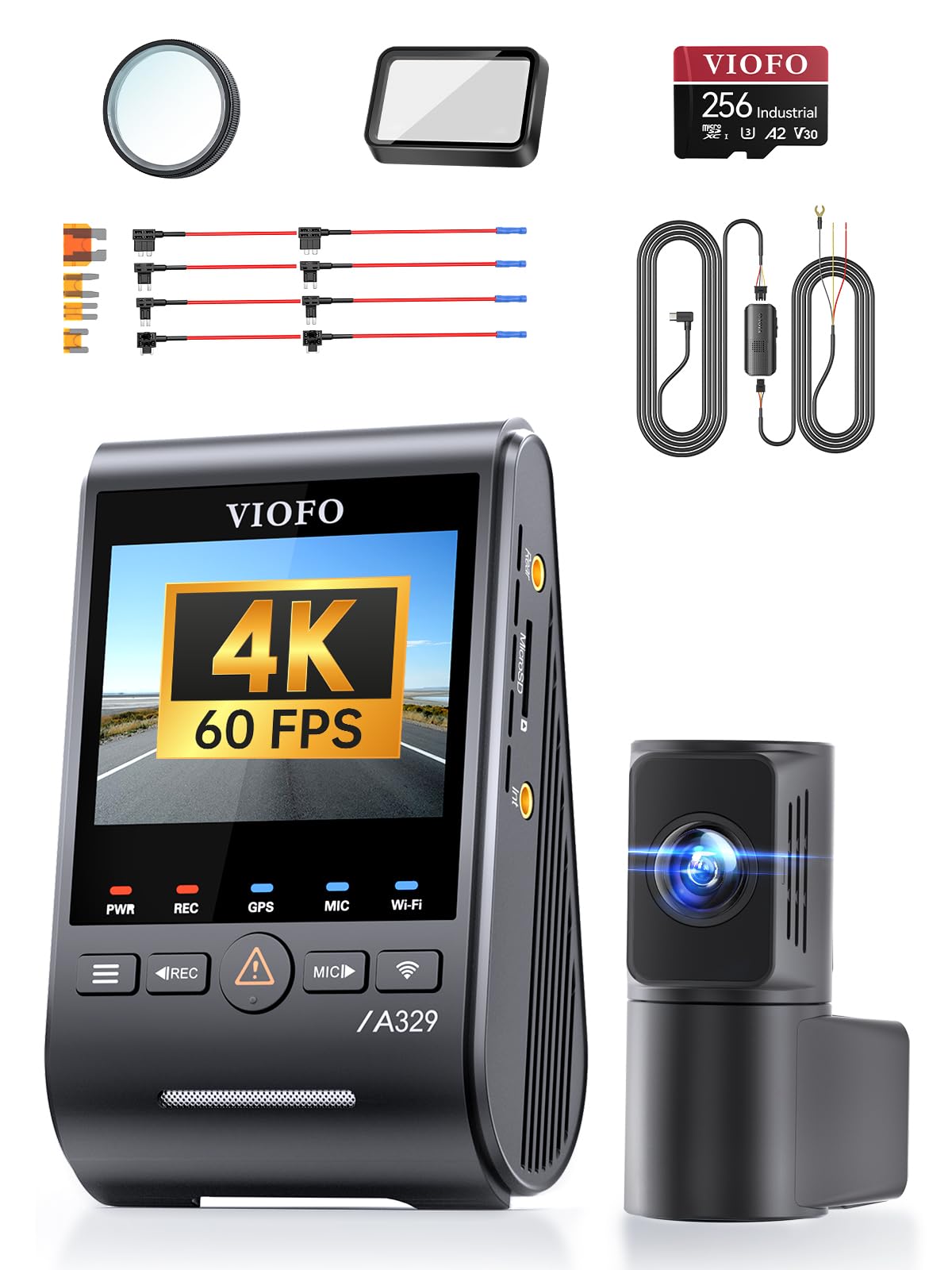 【A329S 2CH+HK6 Kit+256Card+CPL-600】 VIOFO A329S 2CH 4K 60FPS Dashcam vorne hinten, 4K + 2K Dual Dashcam Auto, Upgraded Energiespar-Parkmodus, Wi-Fi 6 u. App Steuerung