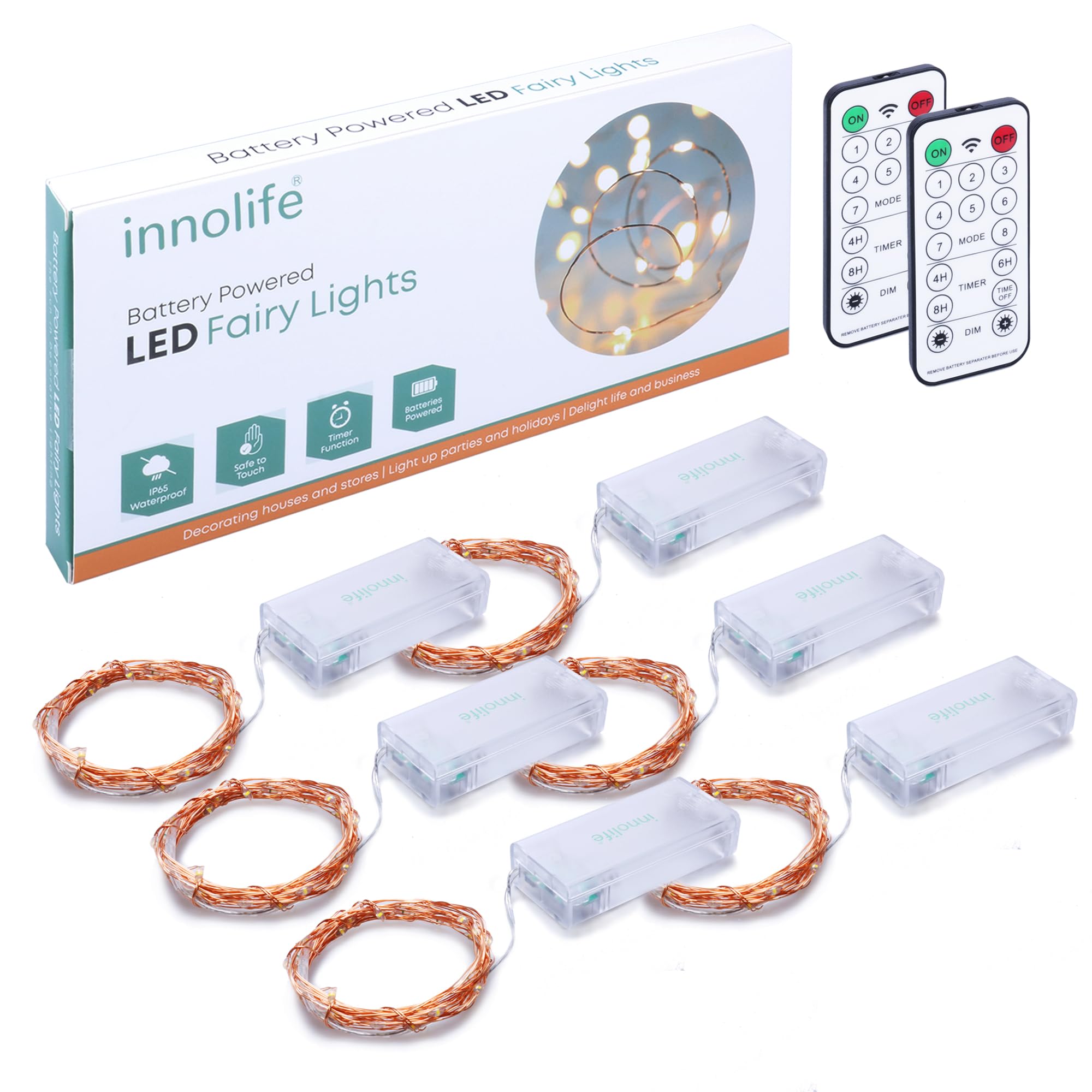 innolife 6 Stück Lichterkette Batterie, 3M 30LED Lichterkette Batterie mit Timer 8 Modi Wasserdichte Fernbedienung Lichterketten für Halloween Weihnachten Innen und außen Garten Deko
