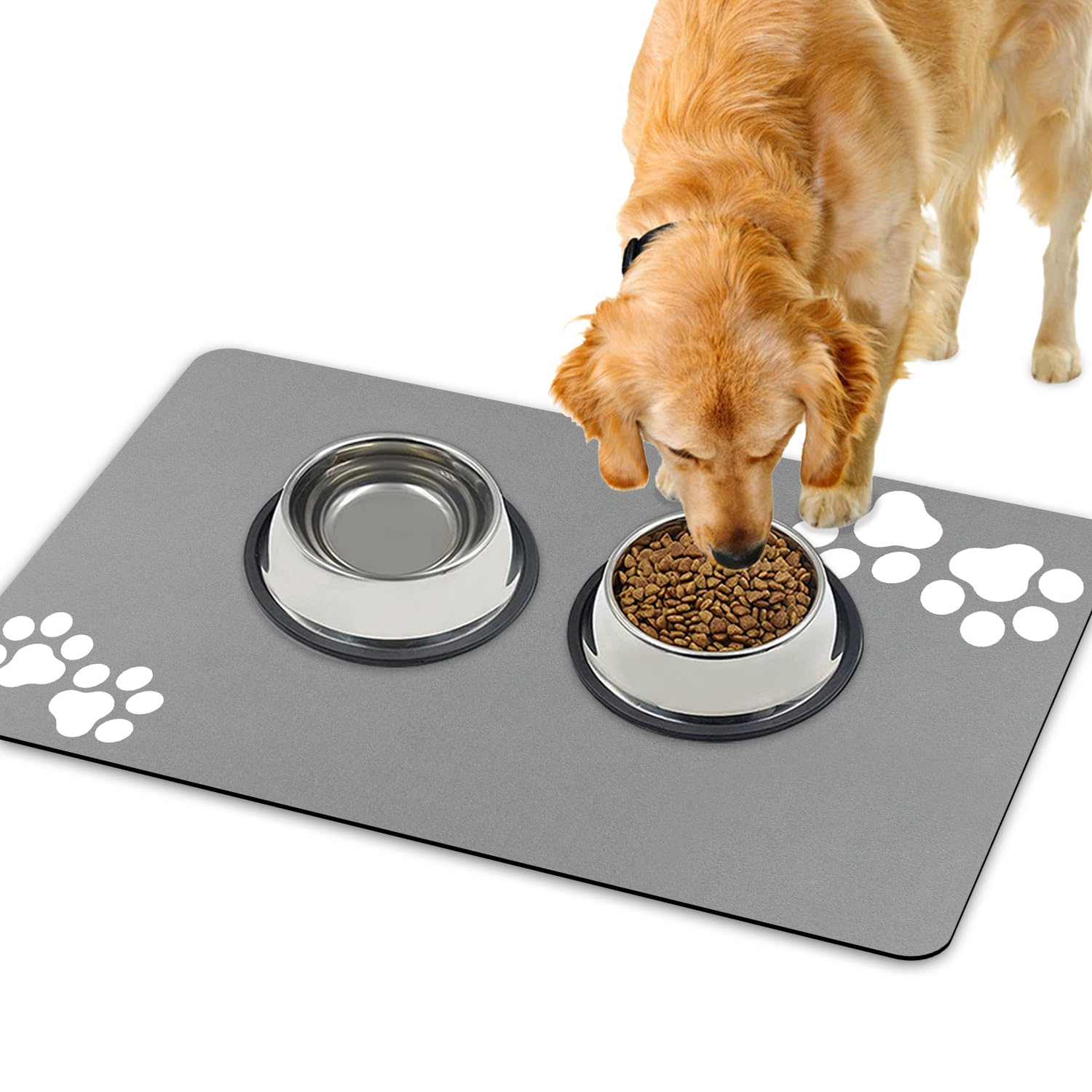 Lurowo Pet Feeding Mat Super Absorbent Dog Cat Food Mat with Rubber Non Slip Bottom Quick Dry Washable Dog Bowl Mat for Floors (Two Pairs of Paws Pattern-Light Grey, 43 * 75cm)