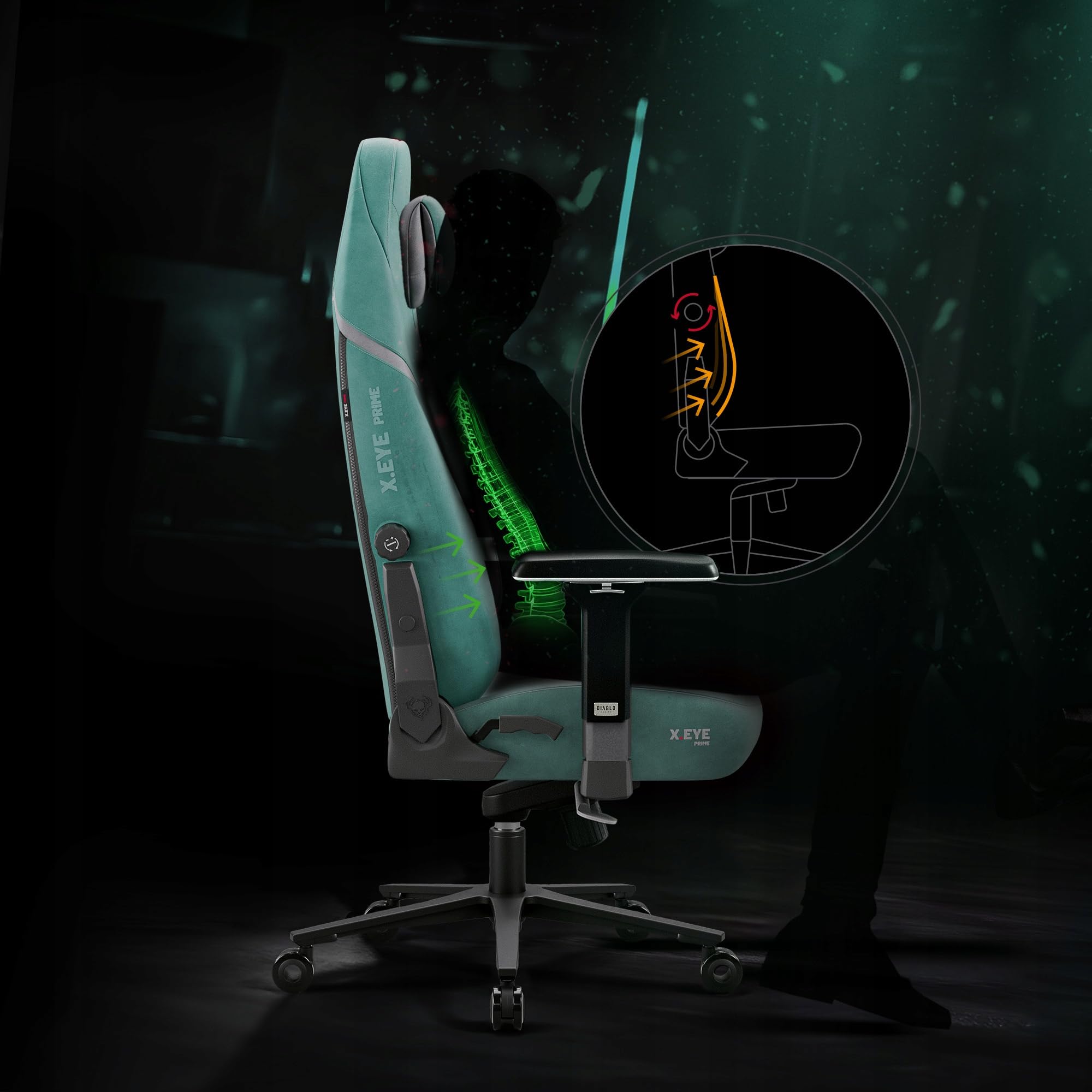 Diablo X.Eye Prime Silla Gaming Oficina, Sillon Gamer Ergonómico | Reposacabezas magnético | Reposabrazos 4D | Apoyo Lumbar Ajustable Integrado | Tejido | Carga de hasta 140 kg | Mystic Mint