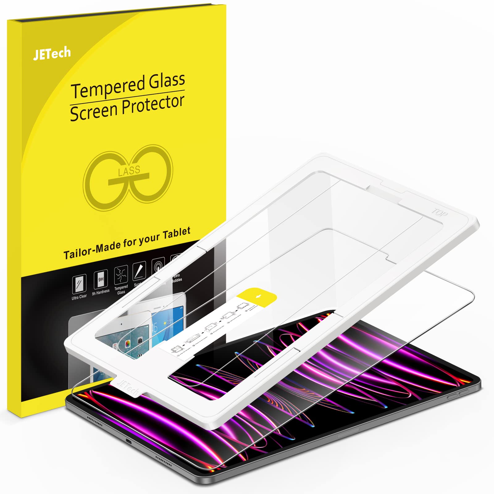 JETech One Touch Screen Protector for iPad Pro 12.9-Inch (2022/2021/2020/2018 Model, 6th/5th/4th/3rd Generation), Tempered Glass Film with Auto-Alignment Frame, HD Clear