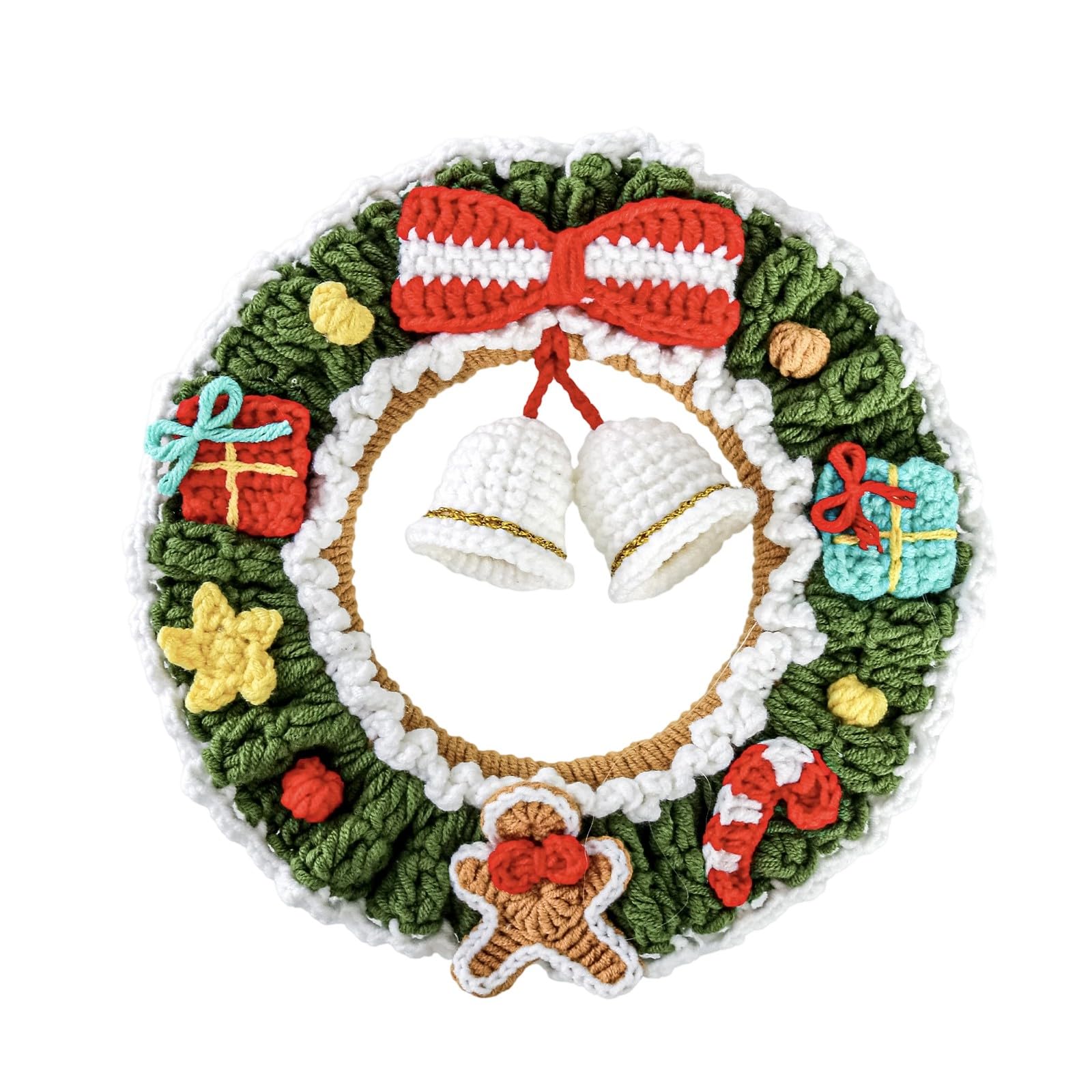 Knitted Yarn Wreath Decoration with Red Bowknot and Golden Bells for Window Mantels Christmas Tree Festival Display Christmas Door Hanging