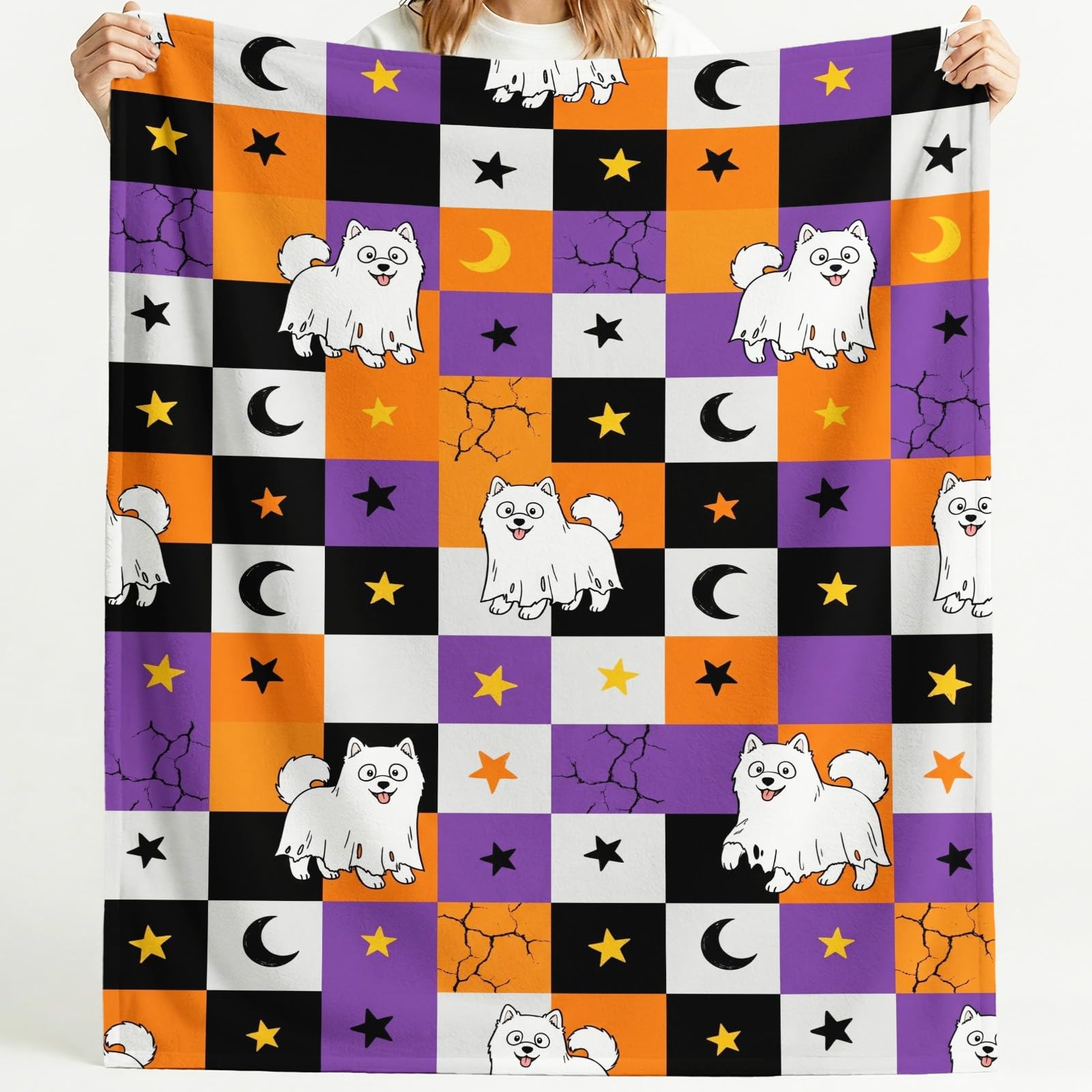 Koc narzuta biały kot nietoperz nadruk 180 x 220 cm super miękka flanela