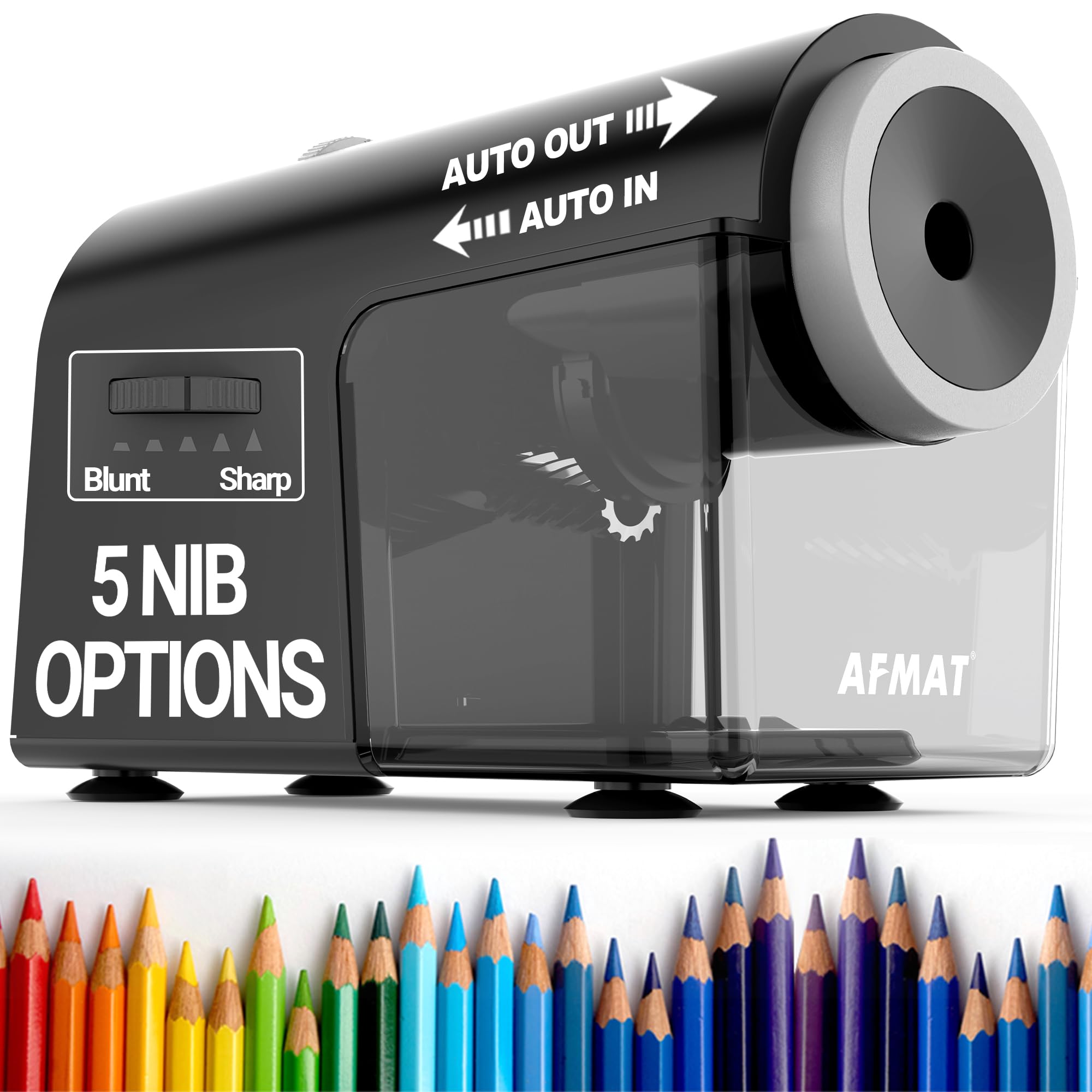 AFMAT Electric Pencil Sharpener, Fully Automatic Pencil Sharpener for Classroom, Fast & Hands-Free, 10,000+ Uses, 5 Nibs, Heavy Duty Sharpeners for No.2/Jumbo/Colored Pencils (6.5-10.5mm) Black, PSC5